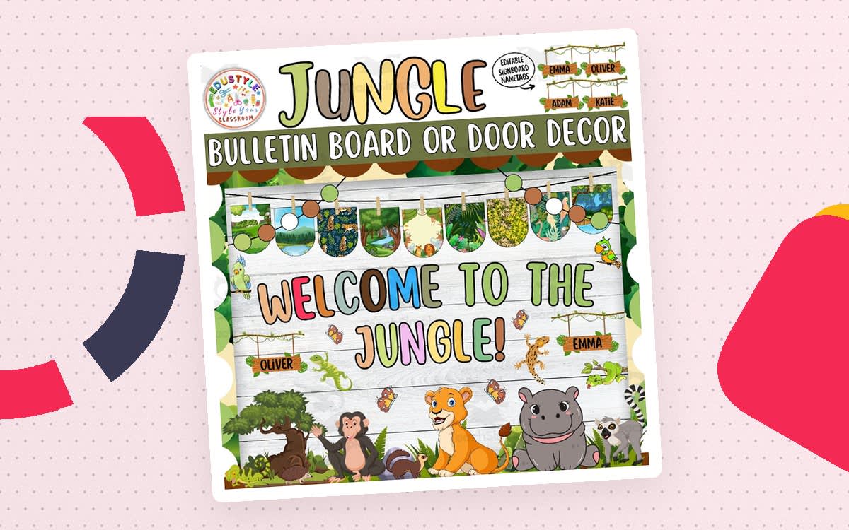 An educational teaching resource from Style Your Classroom entitled Welcome to the Jungle! Back To School Bulletin Board or Door Decor kit downloadable at Teach Simple.