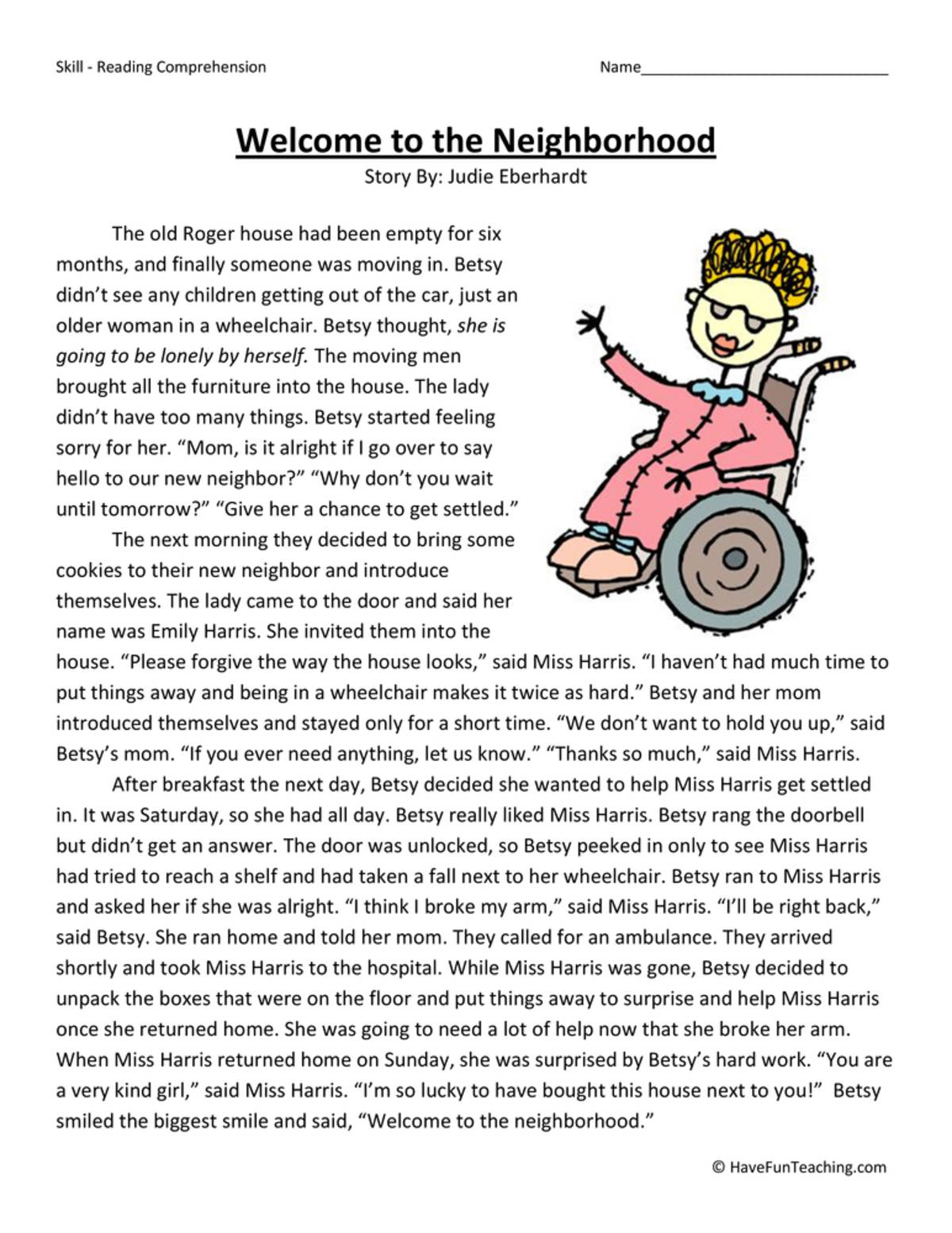 An educational teaching resource from Have Fun Teaching entitled Welcome to the Neighborhood Reading Comprehension Worksheet downloadable at Teach Simple.