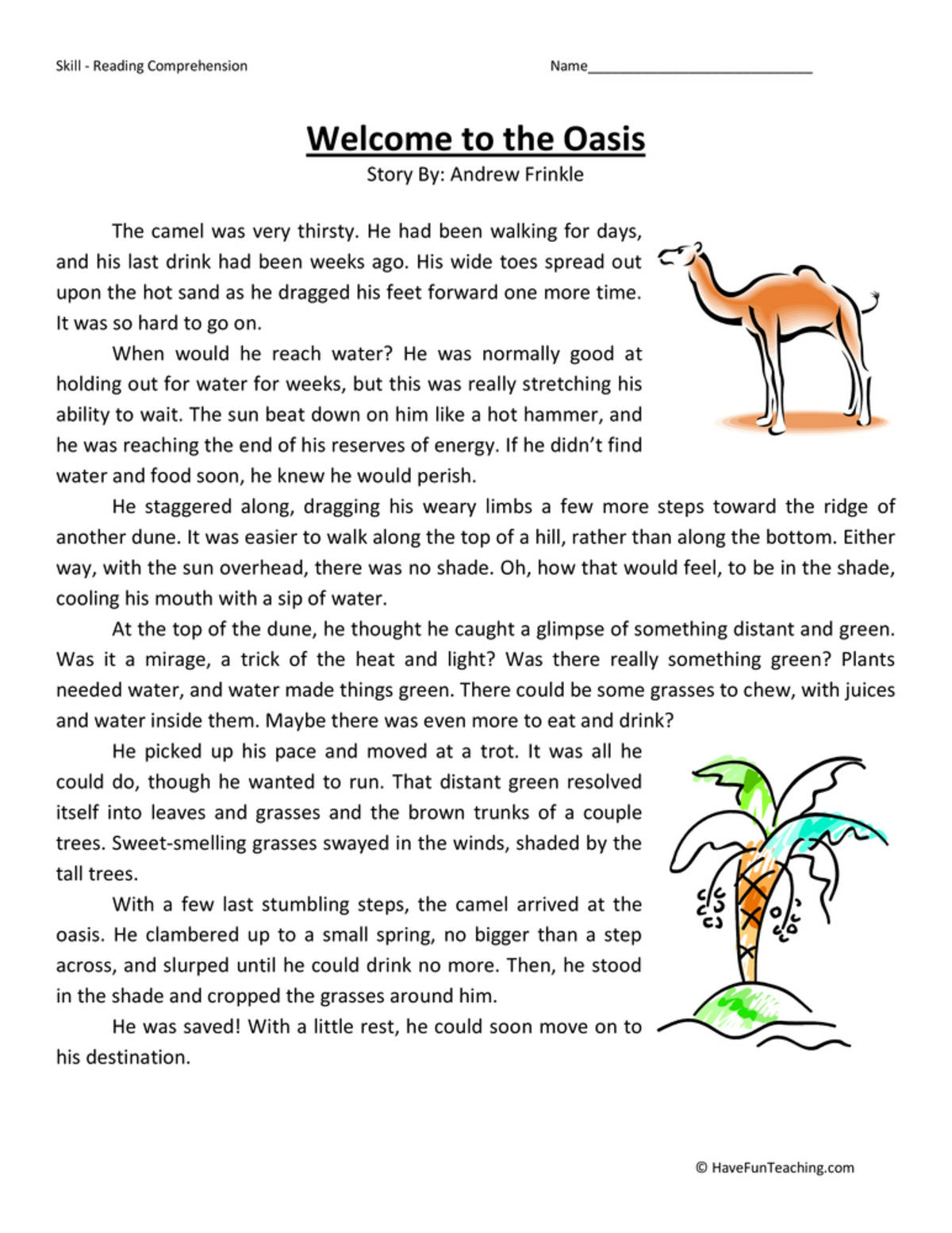 An educational teaching resource from Have Fun Teaching entitled Welcome to the Oasis Reading Comprehension Worksheet downloadable at Teach Simple.