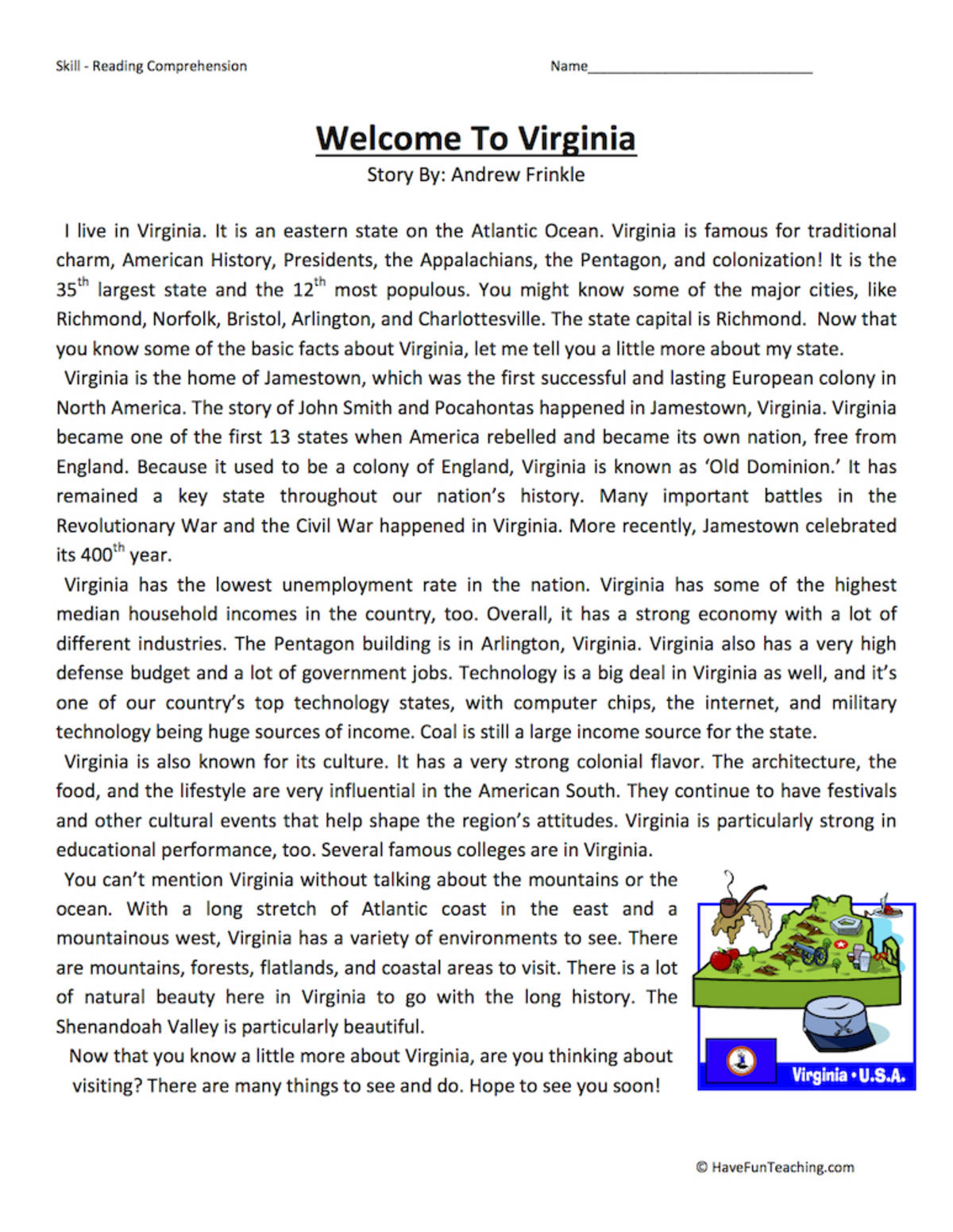 An educational teaching resource from Have Fun Teaching entitled Welcome to Virginia Reading Comprehension Worksheet downloadable at Teach Simple.