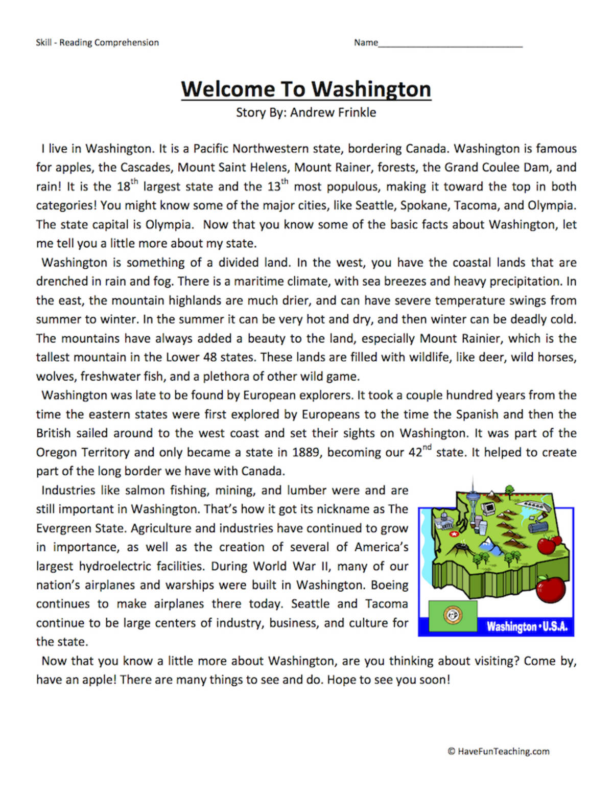An educational teaching resource from Have Fun Teaching entitled Welcome to Washington Reading Comprehension Worksheet downloadable at Teach Simple.