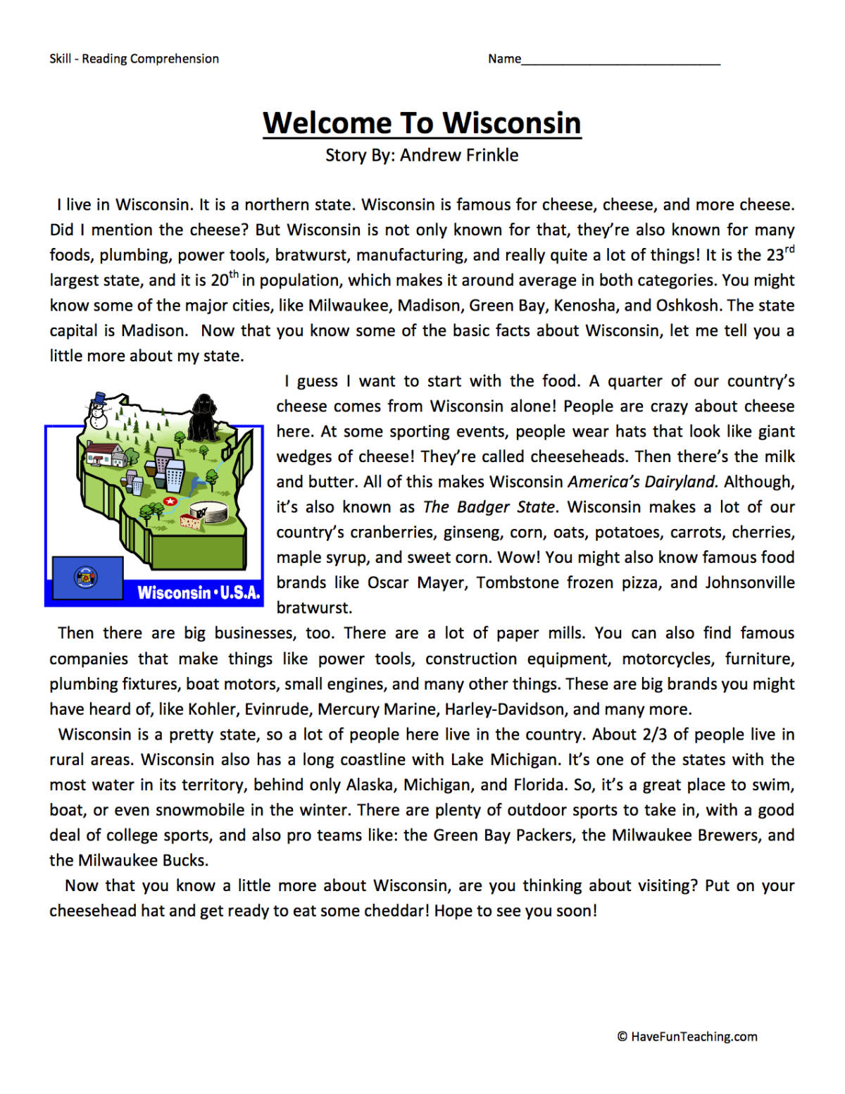 An educational teaching resource from Have Fun Teaching entitled Welcome to Wisconsin Reading Comprehension Worksheet downloadable at Teach Simple.