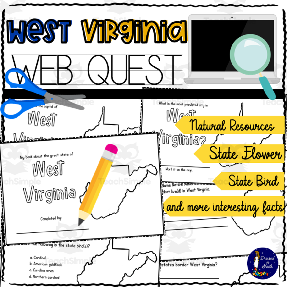 An educational teaching resource from Soumara Siddiqui entitled West Virginia WebQuest Printable Book downloadable at Teach Simple.