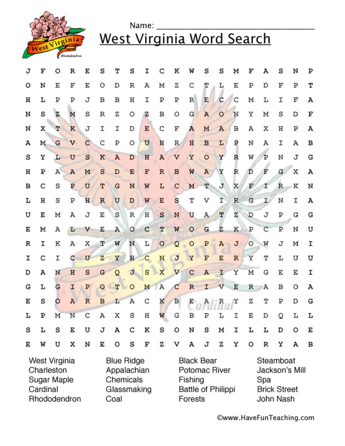 An educational teaching resource from Have Fun Teaching entitled West Virginia Word Search Worksheet downloadable at Teach Simple.