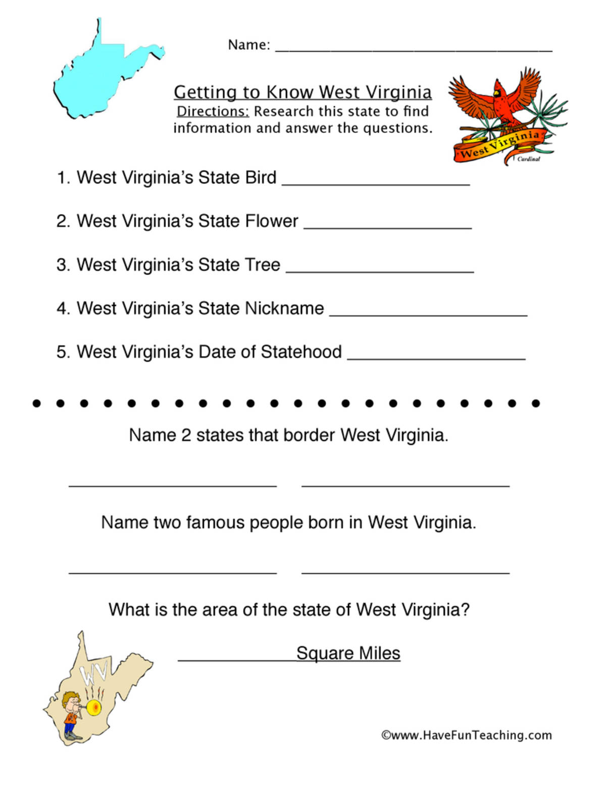 An educational teaching resource from Have Fun Teaching entitled West Virginia Worksheet downloadable at Teach Simple.