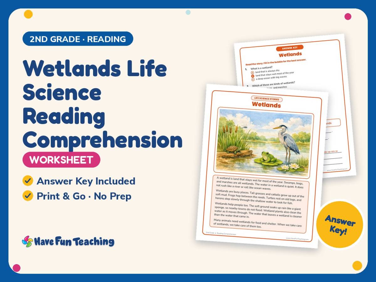 Wetlands Life Science Reading Comprehension Worksheet – 2nd Grade preview