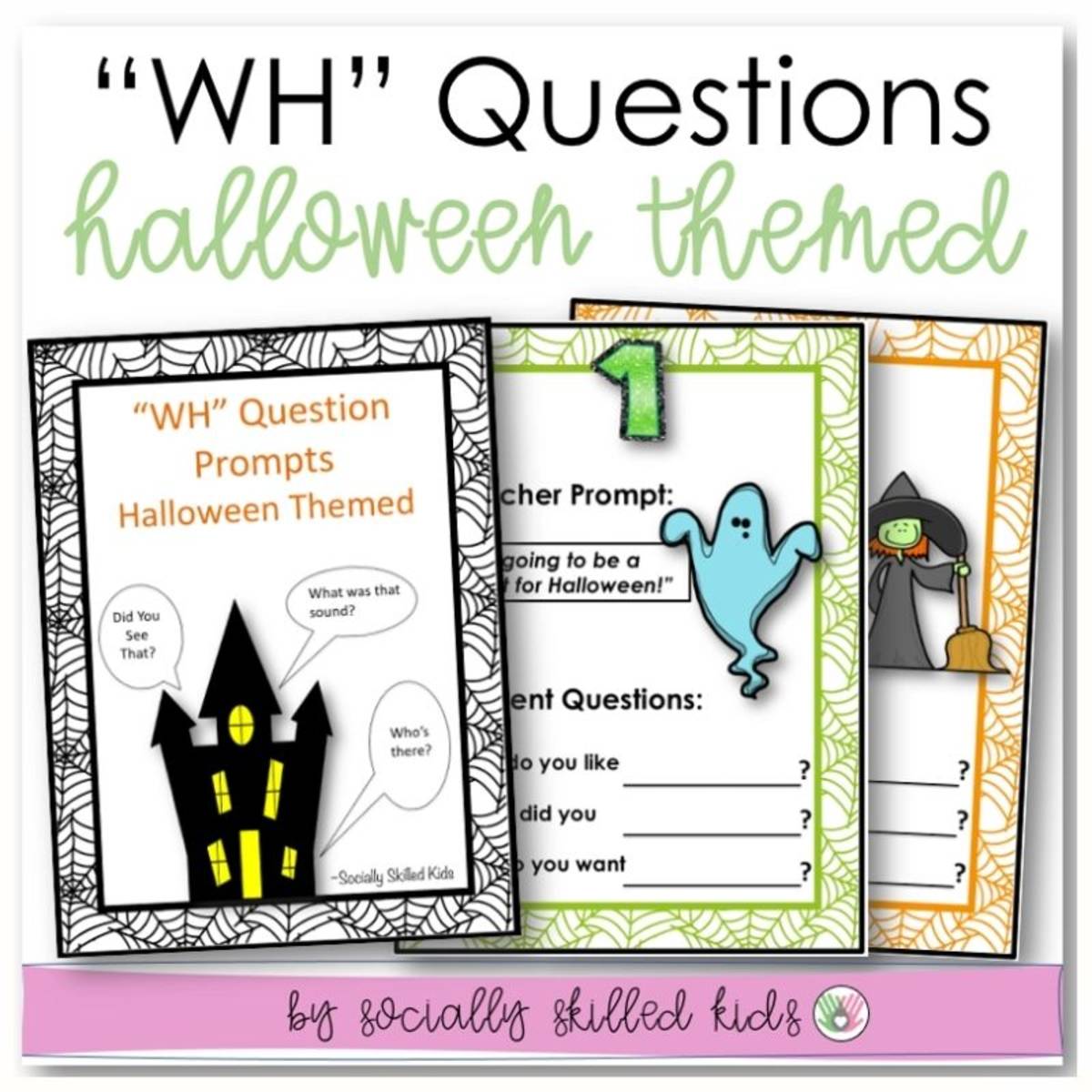 An educational teaching resource from Socially Skilled Kids entitled "WH" Question Prompts | Halloween Themed, 20 Differentiated Prompts downloadable at Teach Simple.