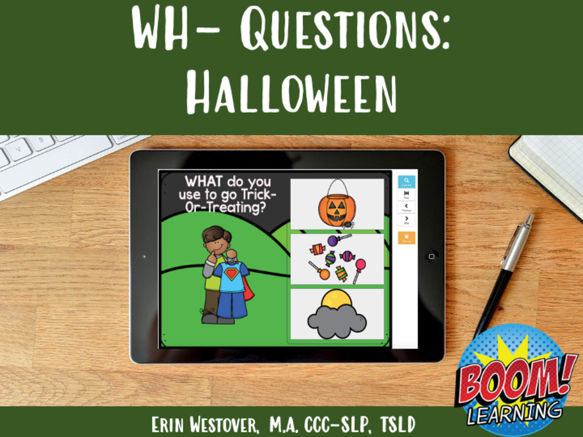 An educational teaching resource from The Tattooed Speechie entitled WH- Questions: Halloween - BOOM Cards downloadable at Teach Simple.