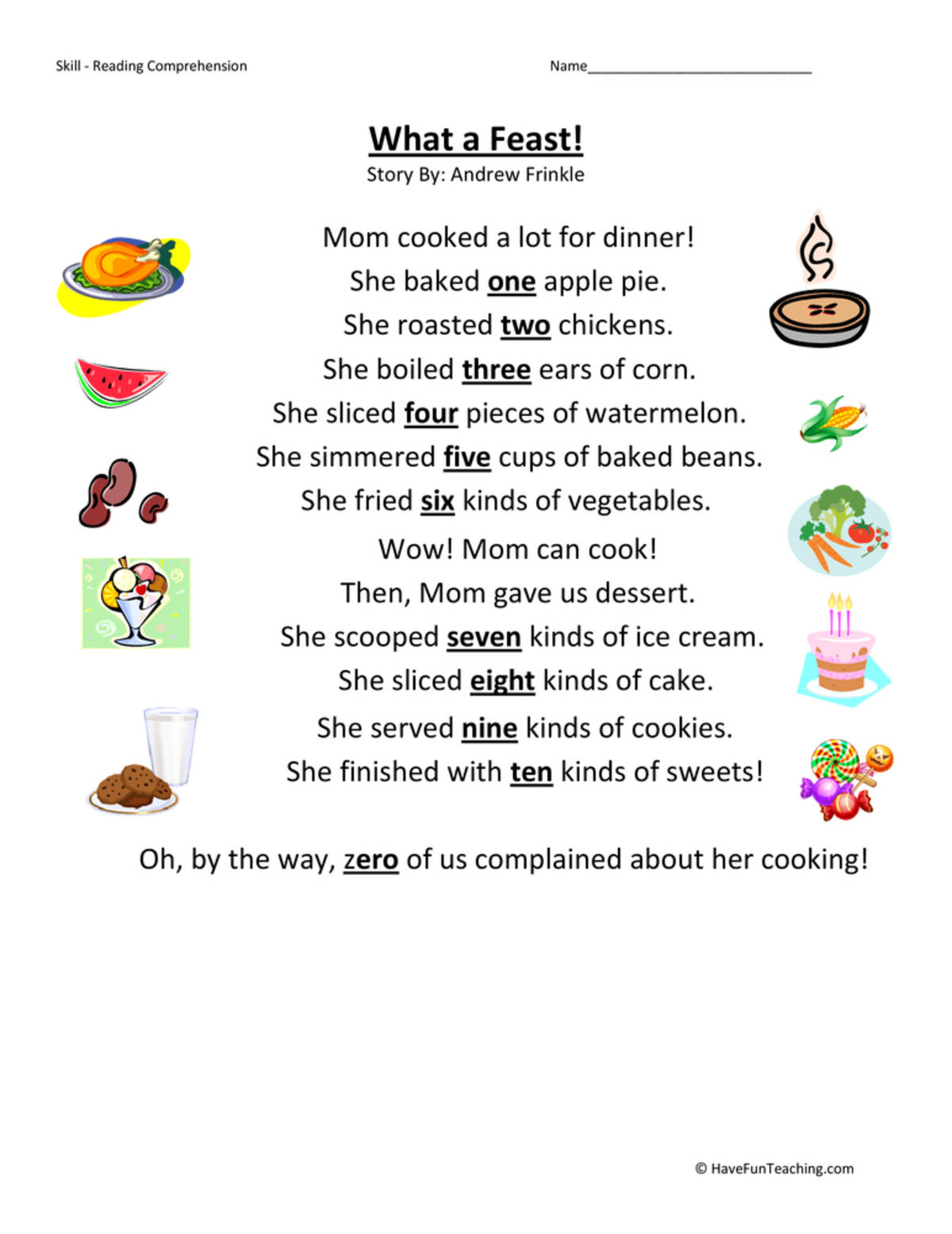 An educational teaching resource from Have Fun Teaching entitled What a Feast Reading Comprehension Worksheet downloadable at Teach Simple.