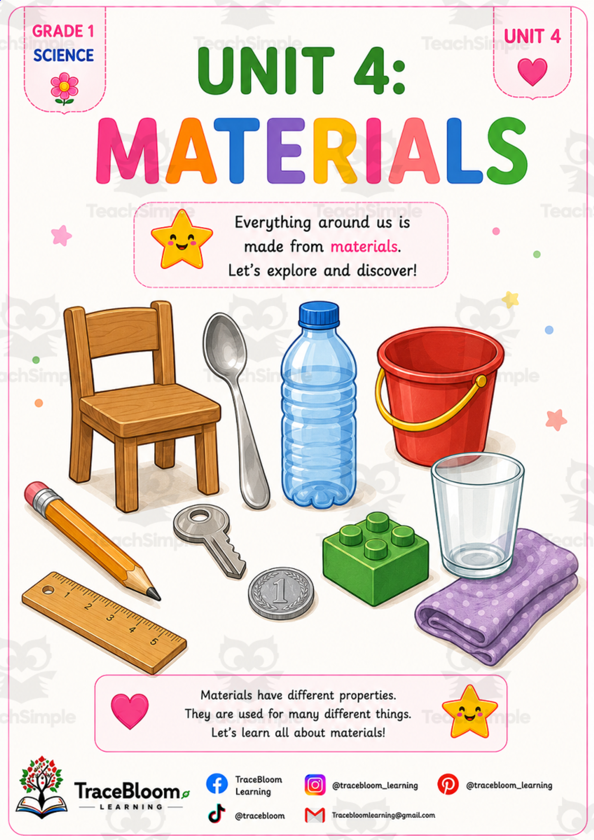 An educational teaching resource from Tracebloom Learning entitled What Are Everyday Objects Made Of? | Grade 1 Science Materials Work downloadable at Teach Simple.