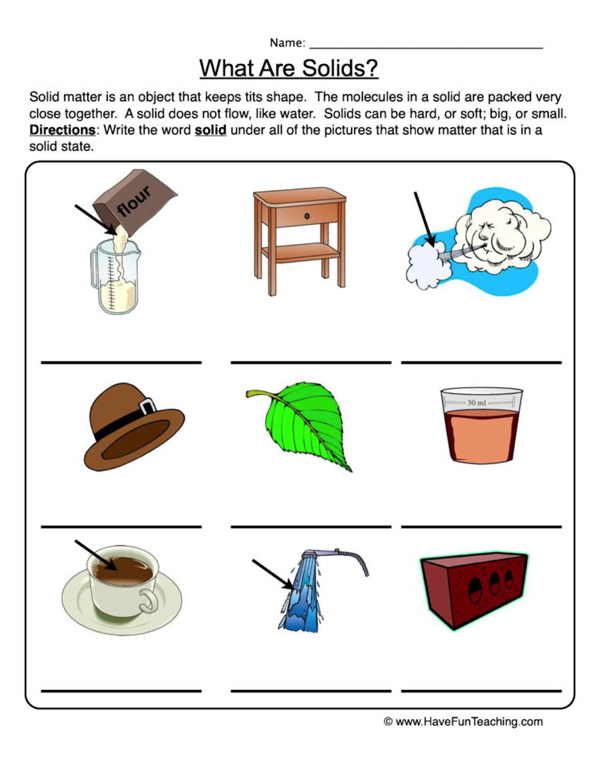 An educational teaching resource from Have Fun Teaching entitled What are Solids? Worksheet downloadable at Teach Simple.