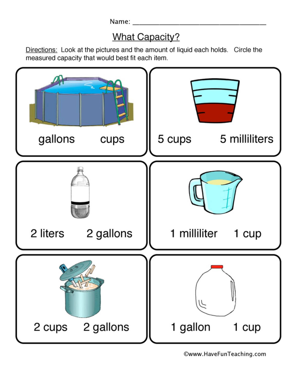 An educational teaching resource from Have Fun Teaching entitled What Capacity Worksheet downloadable at Teach Simple.