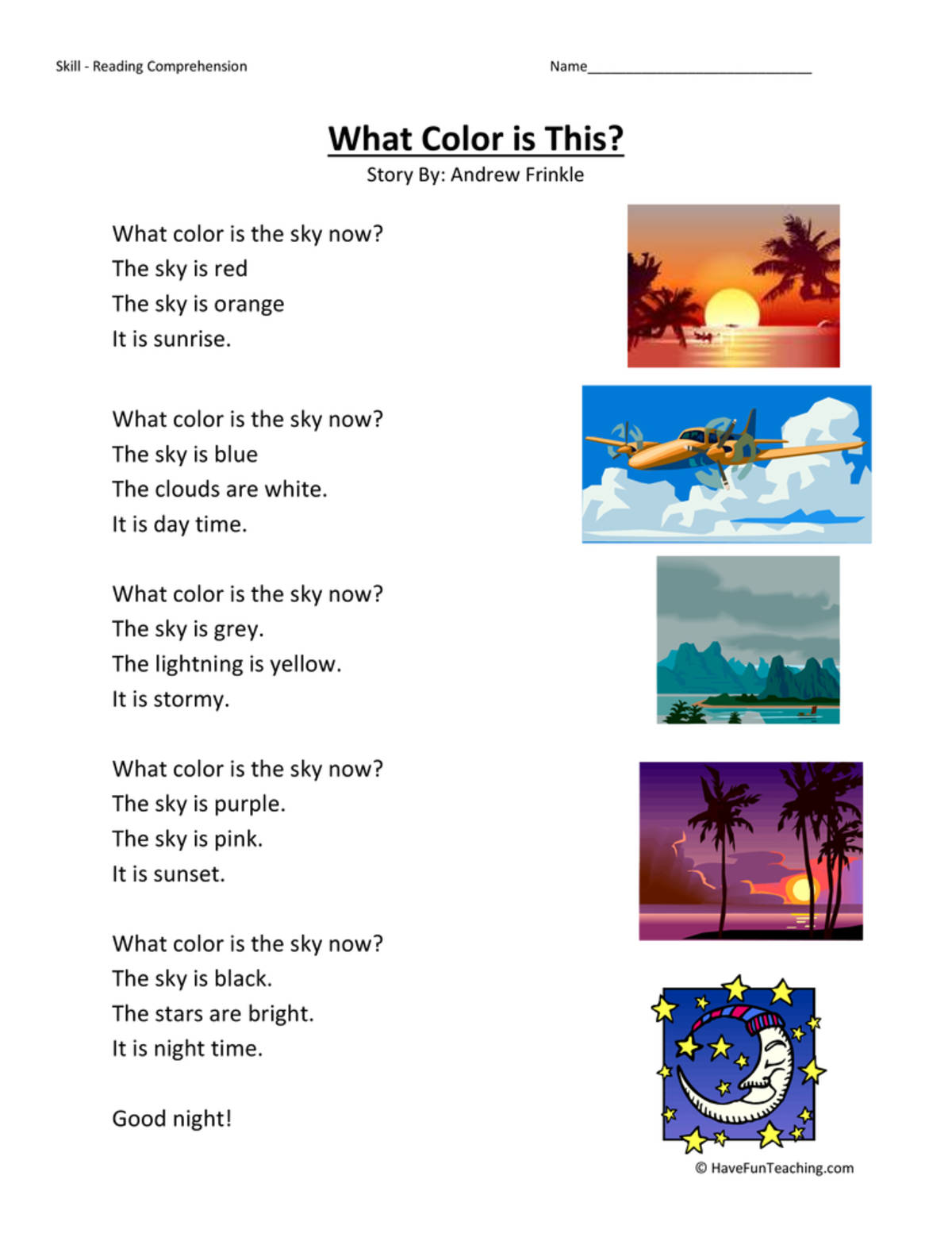 An educational teaching resource from Have Fun Teaching entitled What Color is This - Reading Comprehension Worksheet downloadable at Teach Simple.