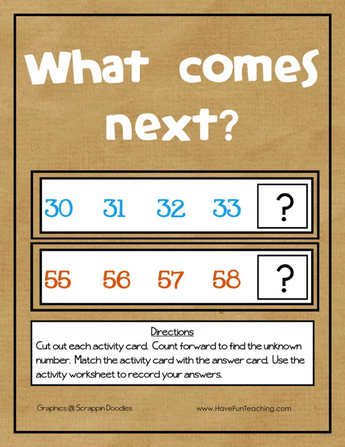 An educational teaching resource from Have Fun Teaching entitled What Comes Next Sequencing Numbers Activity downloadable at Teach Simple.