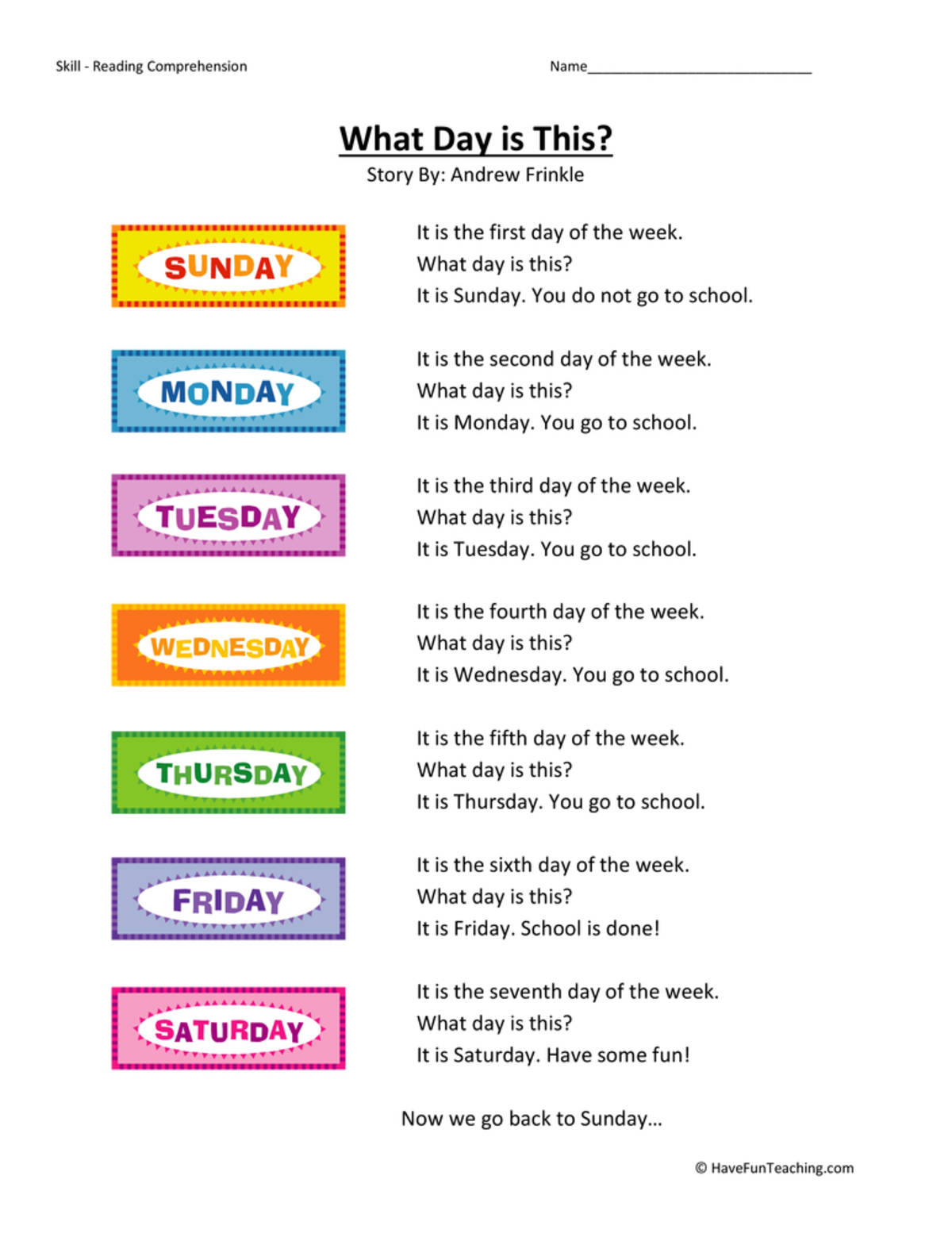 An educational teaching resource from Have Fun Teaching entitled What Day is This Reading Comprehension Worksheet downloadable at Teach Simple.