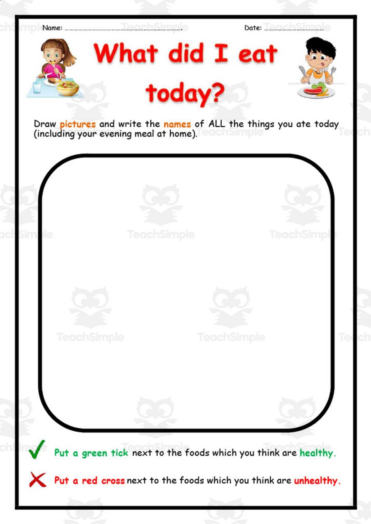An educational teaching resource from Elementary Resources 4 U entitled What did I eat today? Printable downloadable at Teach Simple.