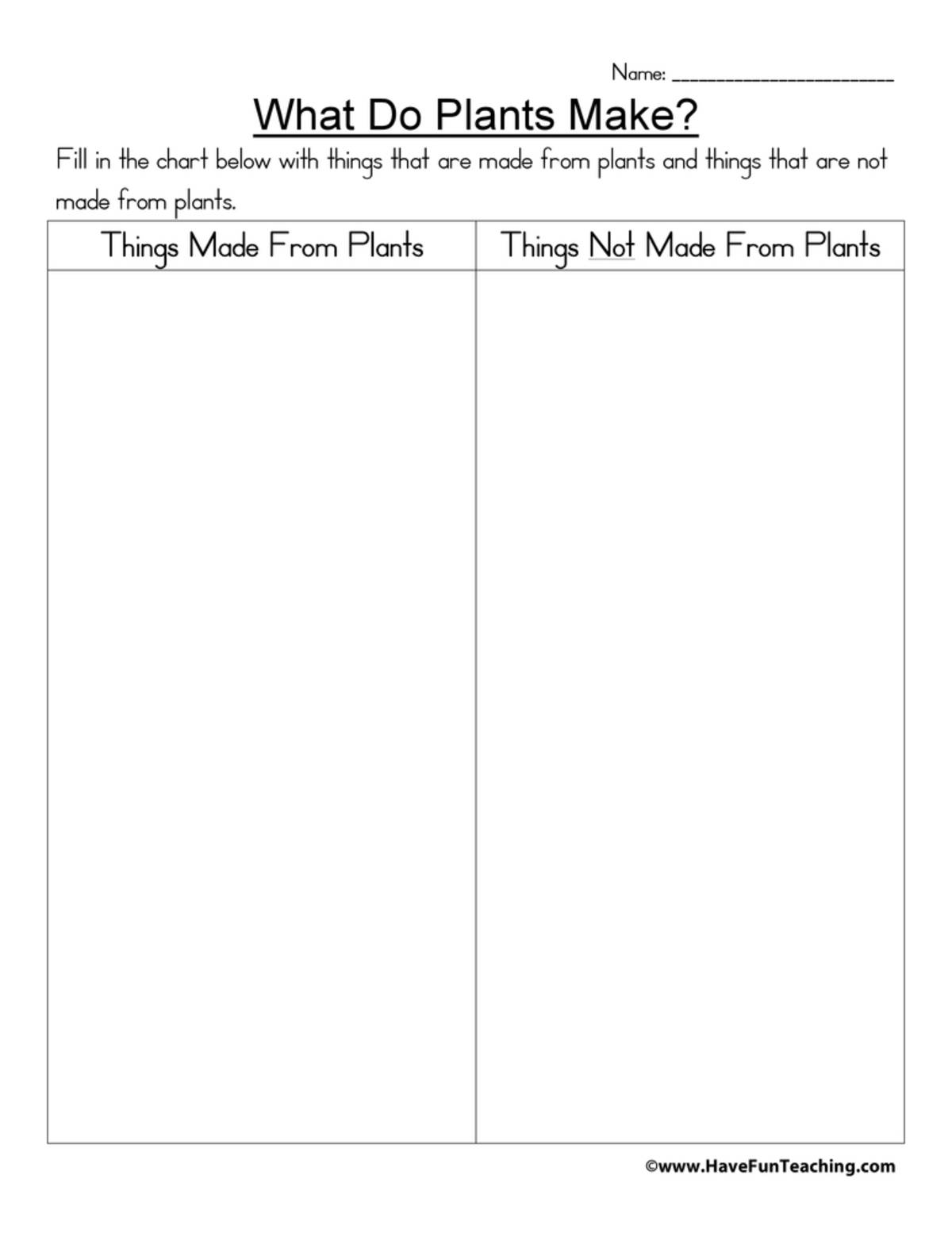 An educational teaching resource from Have Fun Teaching entitled What Do Plants Make Worksheet downloadable at Teach Simple.