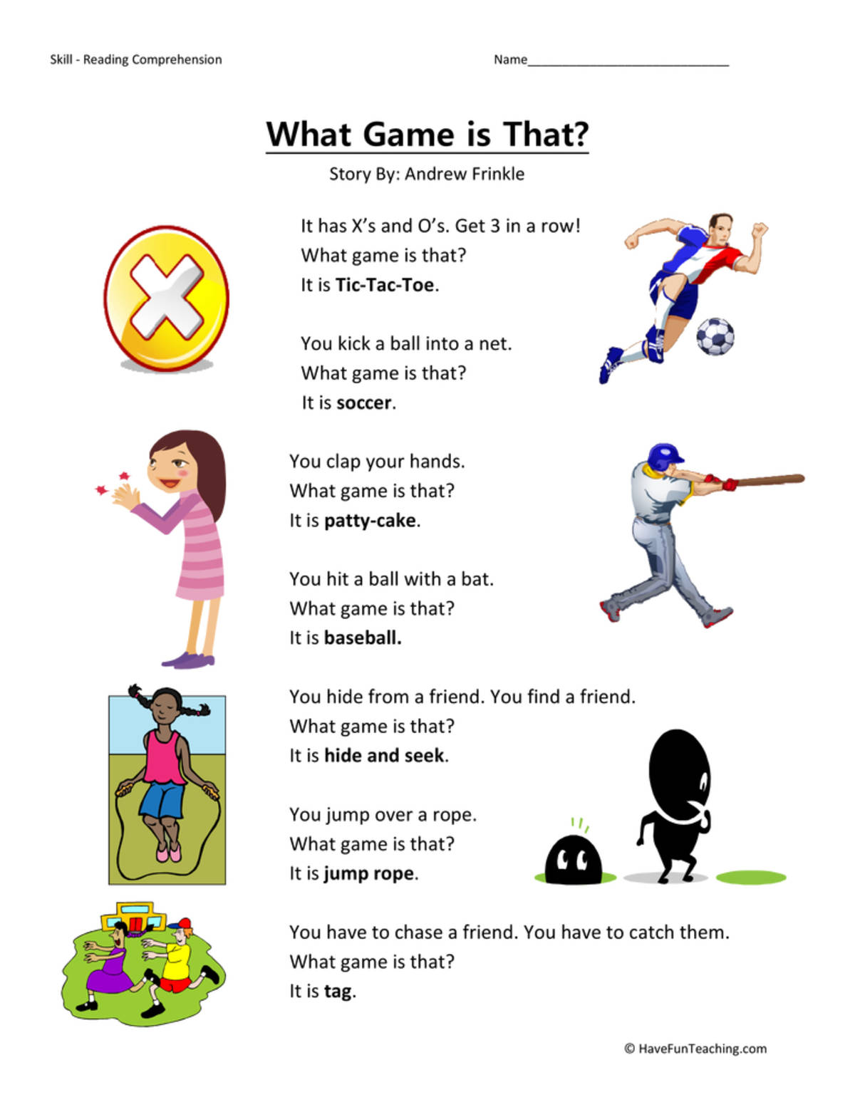 An educational teaching resource from Have Fun Teaching entitled What Game is That Reading Comprehension Worksheet downloadable at Teach Simple.