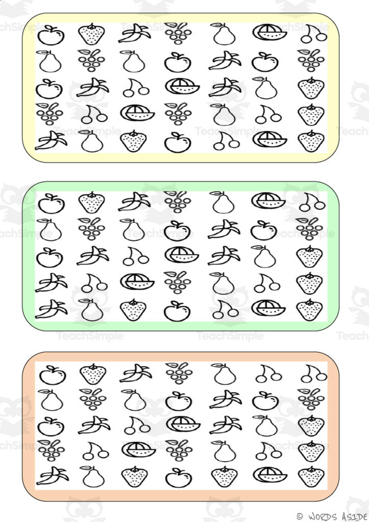 An educational teaching resource from WORDS ASIDE entitled What is different? Vocabulary Boards - BLACK AND WHITE SET 1 downloadable at Teach Simple.