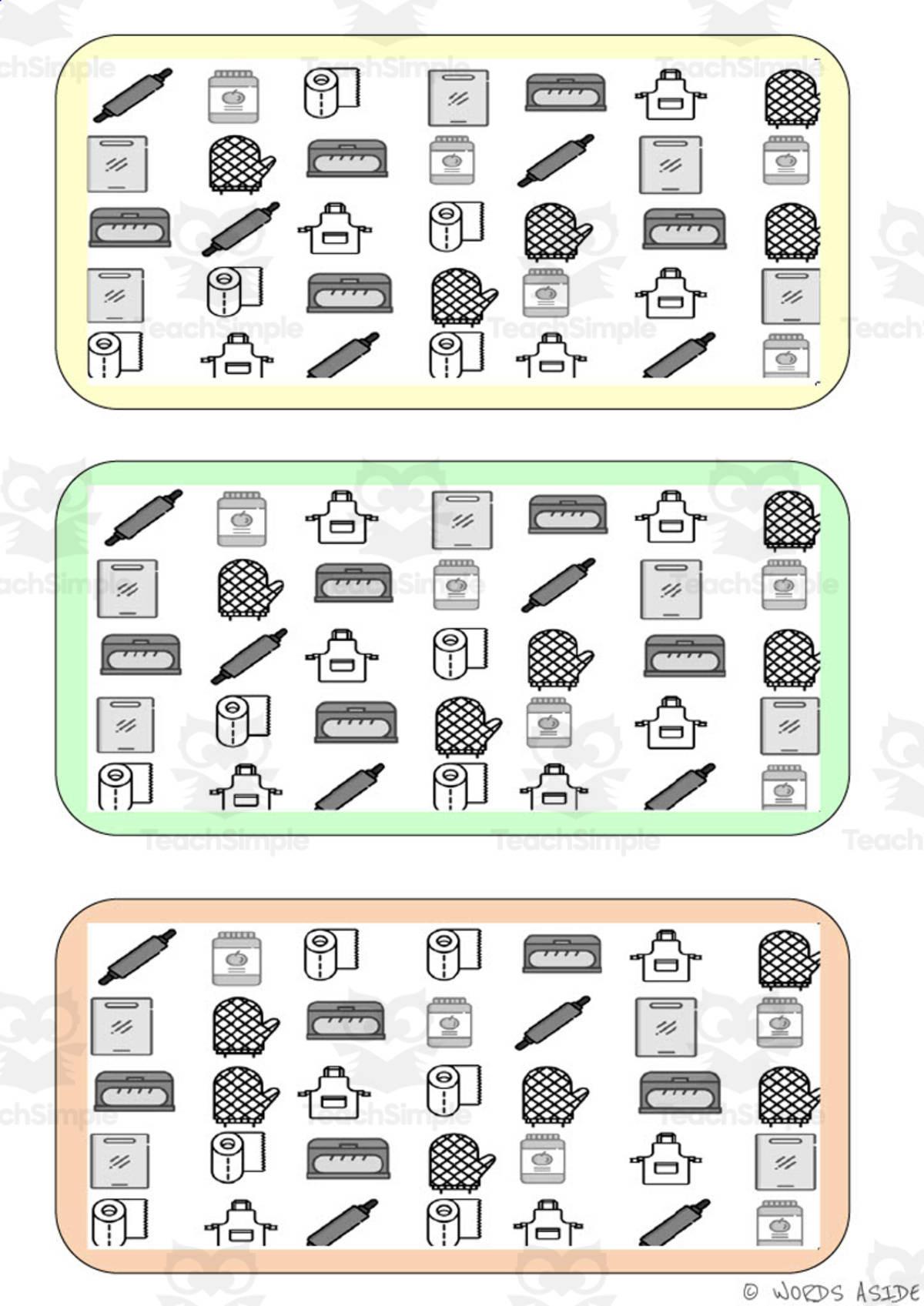 An educational teaching resource from WORDS ASIDE entitled What is different? Vocabulary Boards - BLACK AND WHITE SET 12 downloadable at Teach Simple.