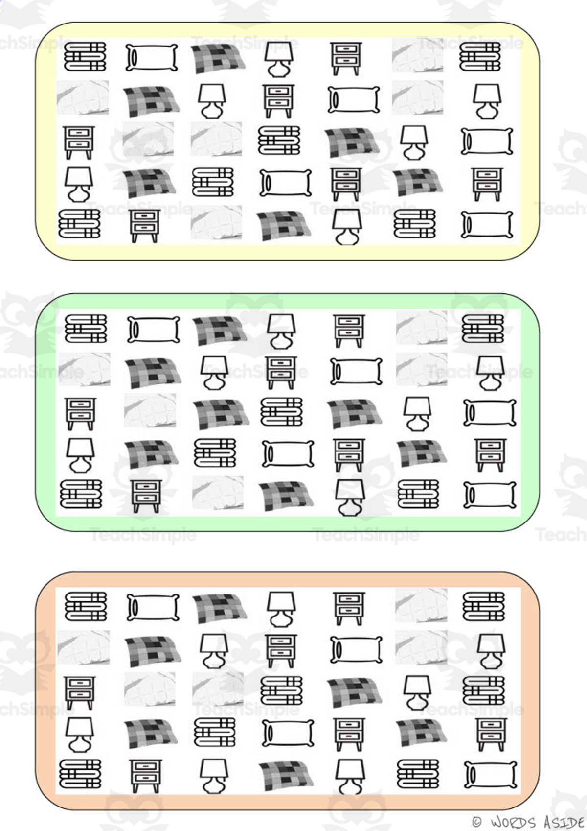 An educational teaching resource from WORDS ASIDE entitled What is different? Vocabulary Boards - BLACK AND WHITE SET 14 downloadable at Teach Simple.