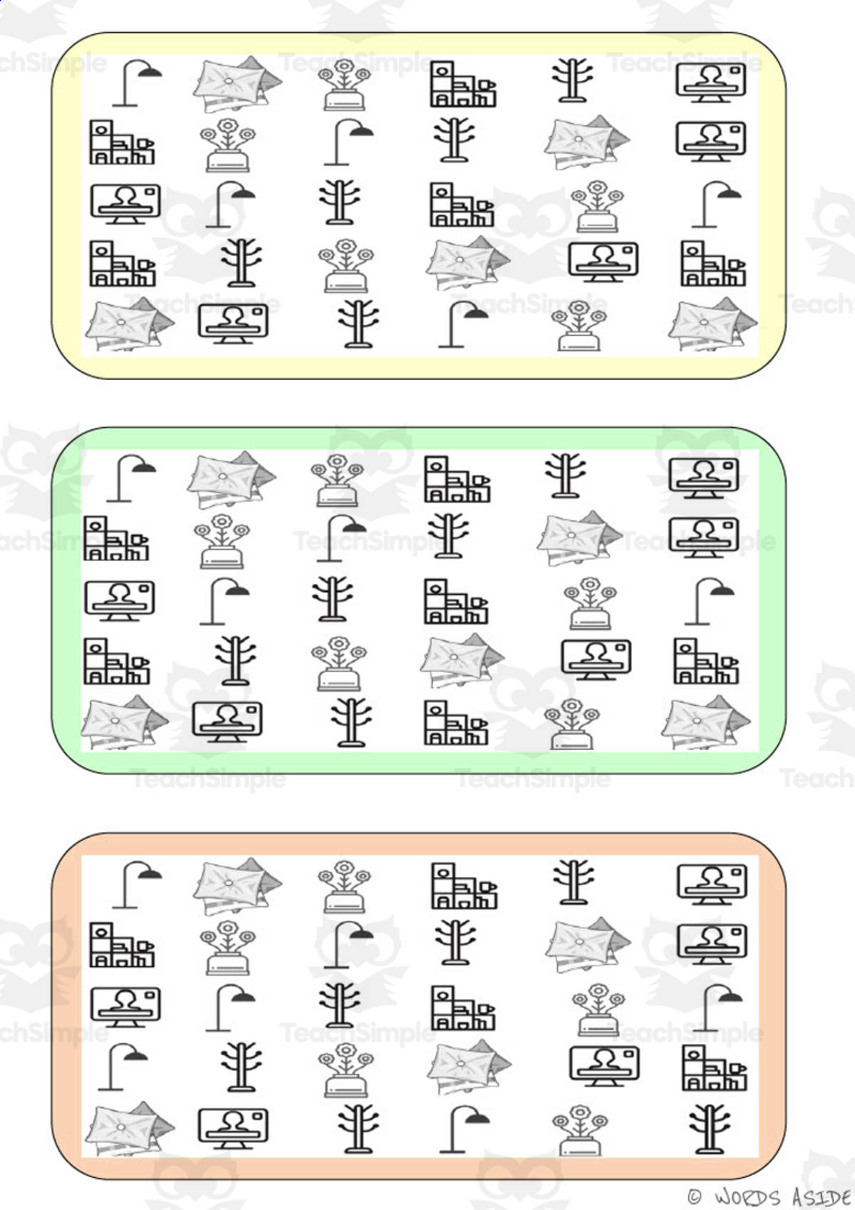 An educational teaching resource from WORDS ASIDE entitled What is different? Vocabulary Boards - BLACK AND WHITE SET 15 downloadable at Teach Simple.