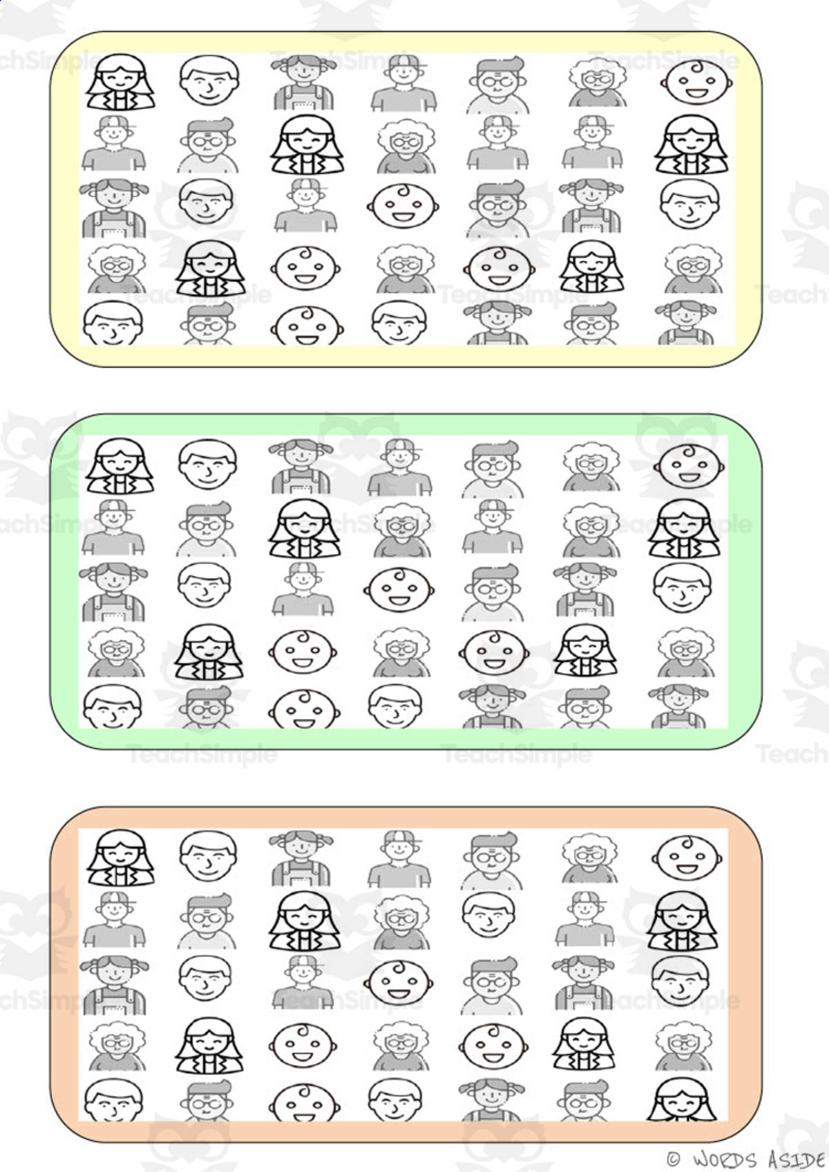 An educational teaching resource from WORDS ASIDE entitled What is different? Vocabulary Boards - BLACK AND WHITE SET 23 downloadable at Teach Simple.