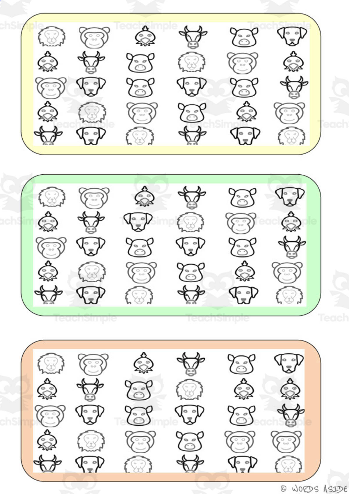 An educational teaching resource from WORDS ASIDE entitled What is different? Vocabulary Boards - BLACK AND WHITE SET 25 downloadable at Teach Simple.