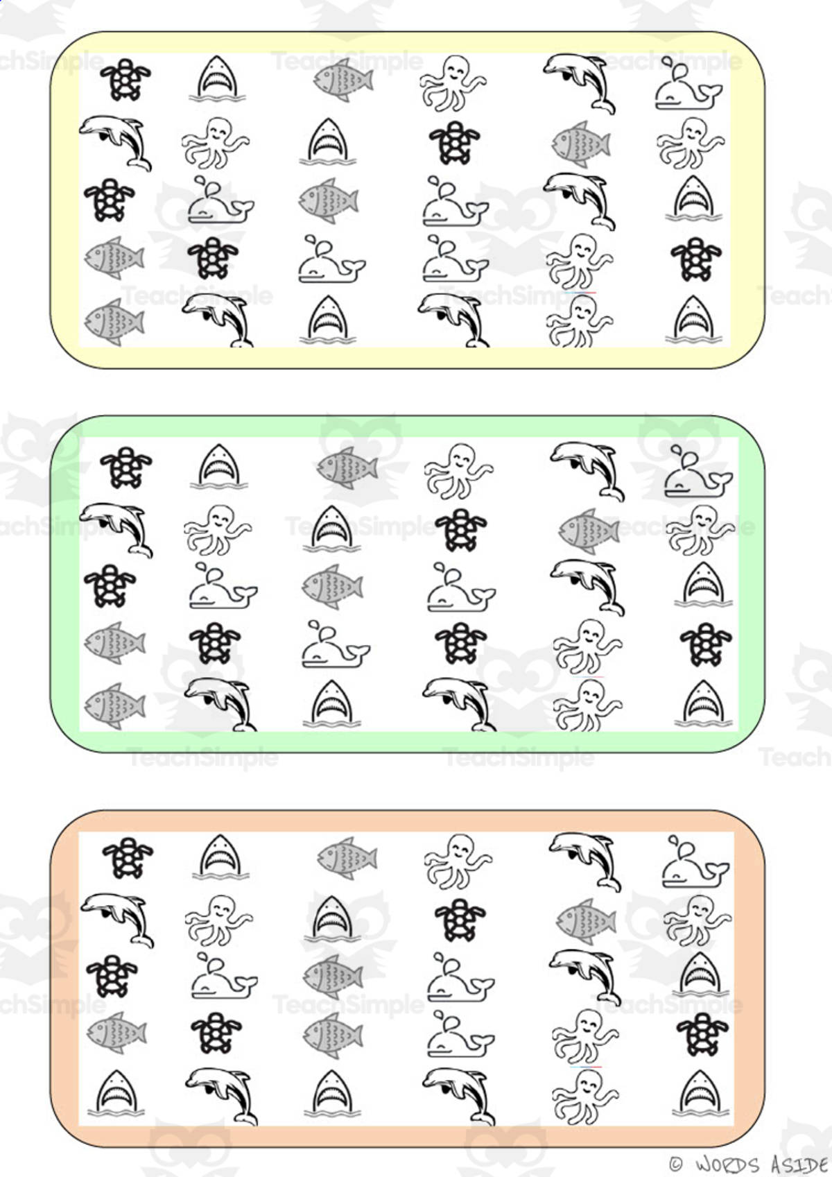 An educational teaching resource from WORDS ASIDE entitled What is different? Vocabulary Boards - BLACK AND WHITE SET 27 downloadable at Teach Simple.