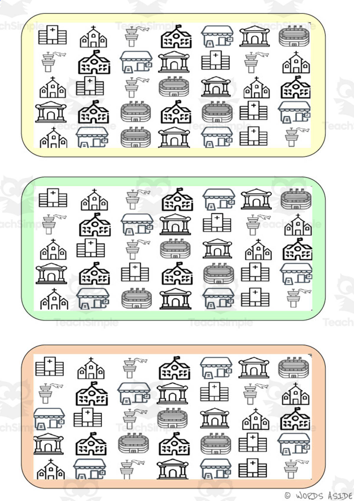 An educational teaching resource from WORDS ASIDE entitled What is different? Vocabulary Boards - BLACK AND WHITE SET 28 downloadable at Teach Simple.