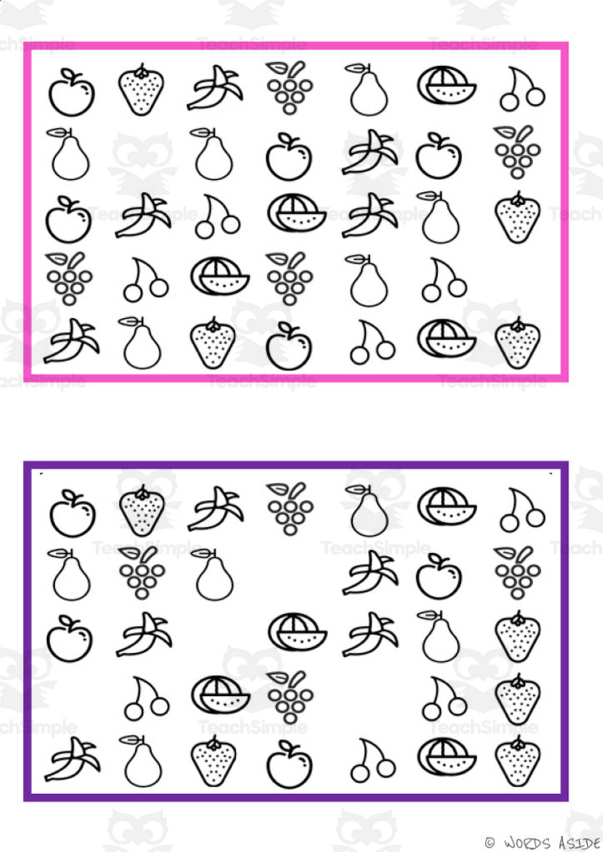 An educational teaching resource from WORDS ASIDE entitled What is missing? Vocabulary Boards - BLACK AND WHITE SET 1 downloadable at Teach Simple.