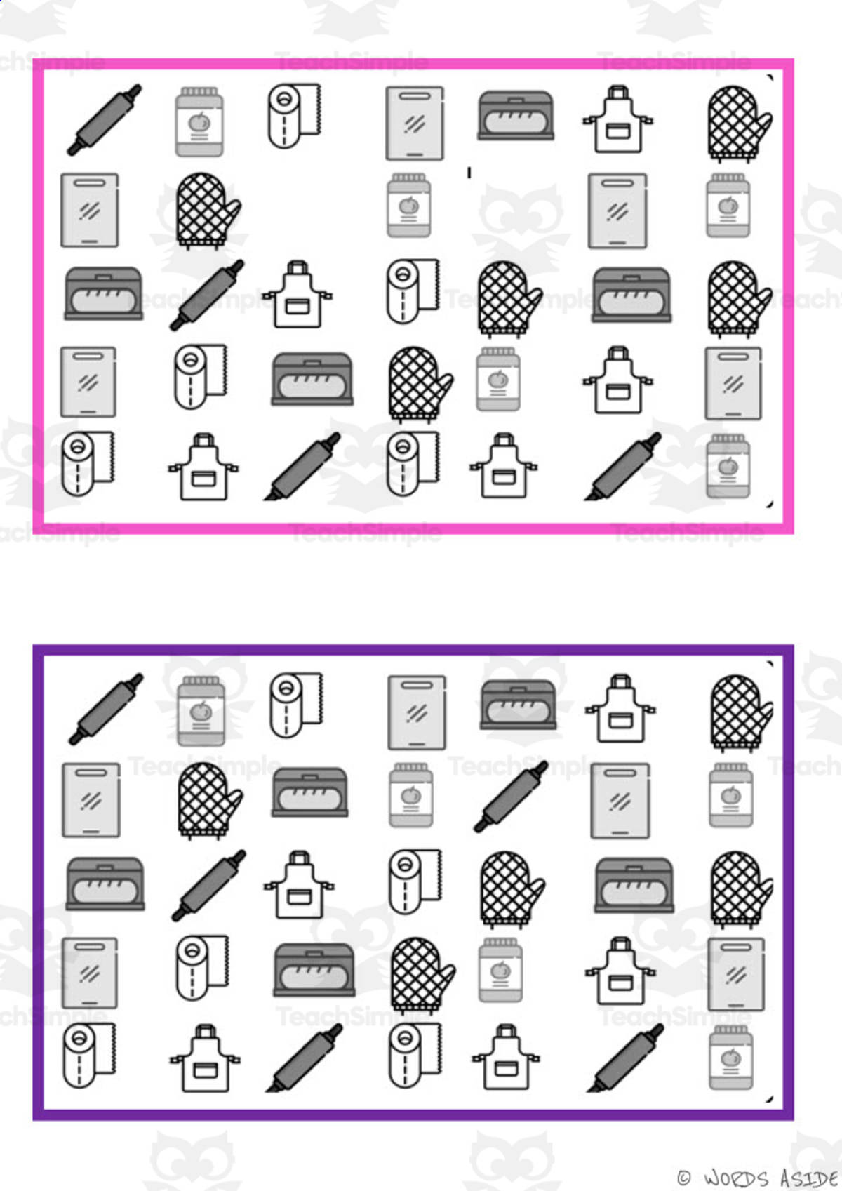 An educational teaching resource from WORDS ASIDE entitled What is missing? Vocabulary Boards - BLACK AND WHITE SET 12 downloadable at Teach Simple.