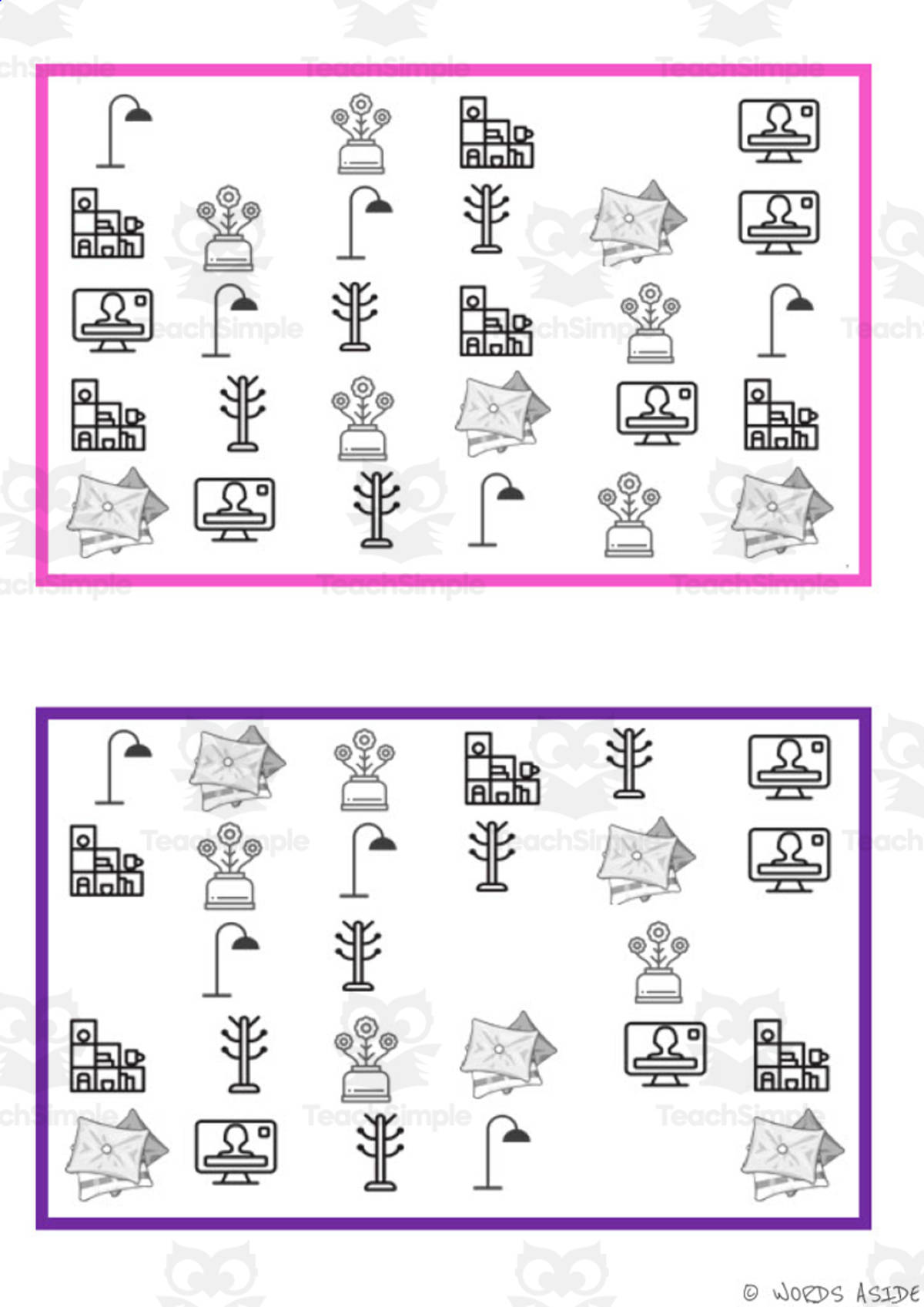 An educational teaching resource from WORDS ASIDE entitled What is missing? Vocabulary Boards - BLACK AND WHITE SET 15 downloadable at Teach Simple.