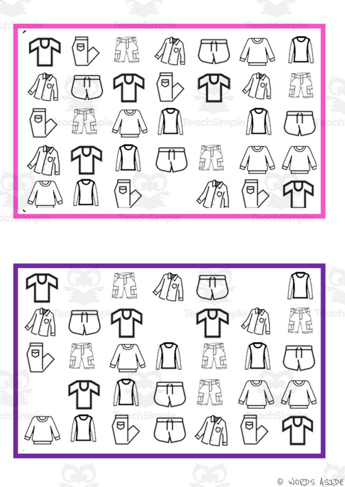 An educational teaching resource from WORDS ASIDE entitled What is missing? Vocabulary Boards - BLACK AND WHITE SET 17 downloadable at Teach Simple.