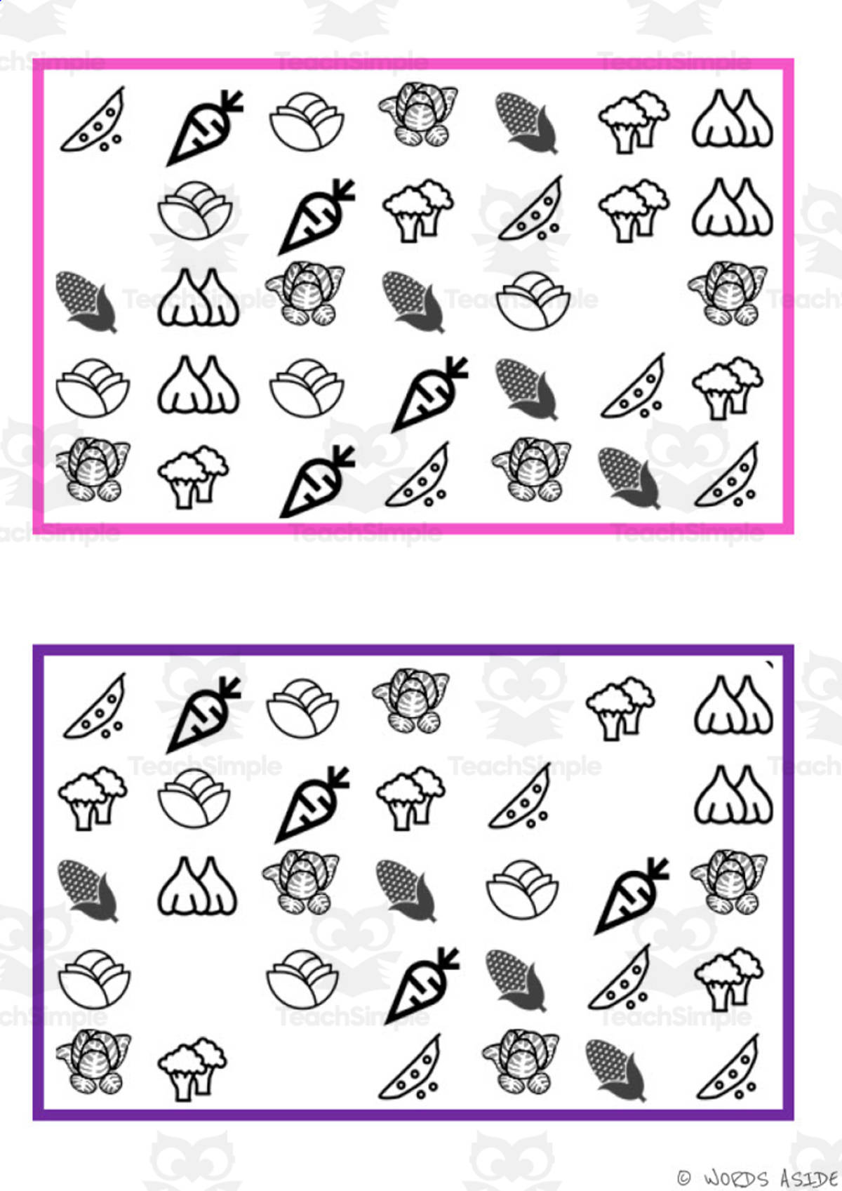 An educational teaching resource from WORDS ASIDE entitled What is missing? Vocabulary Boards - BLACK AND WHITE SET 2 downloadable at Teach Simple.