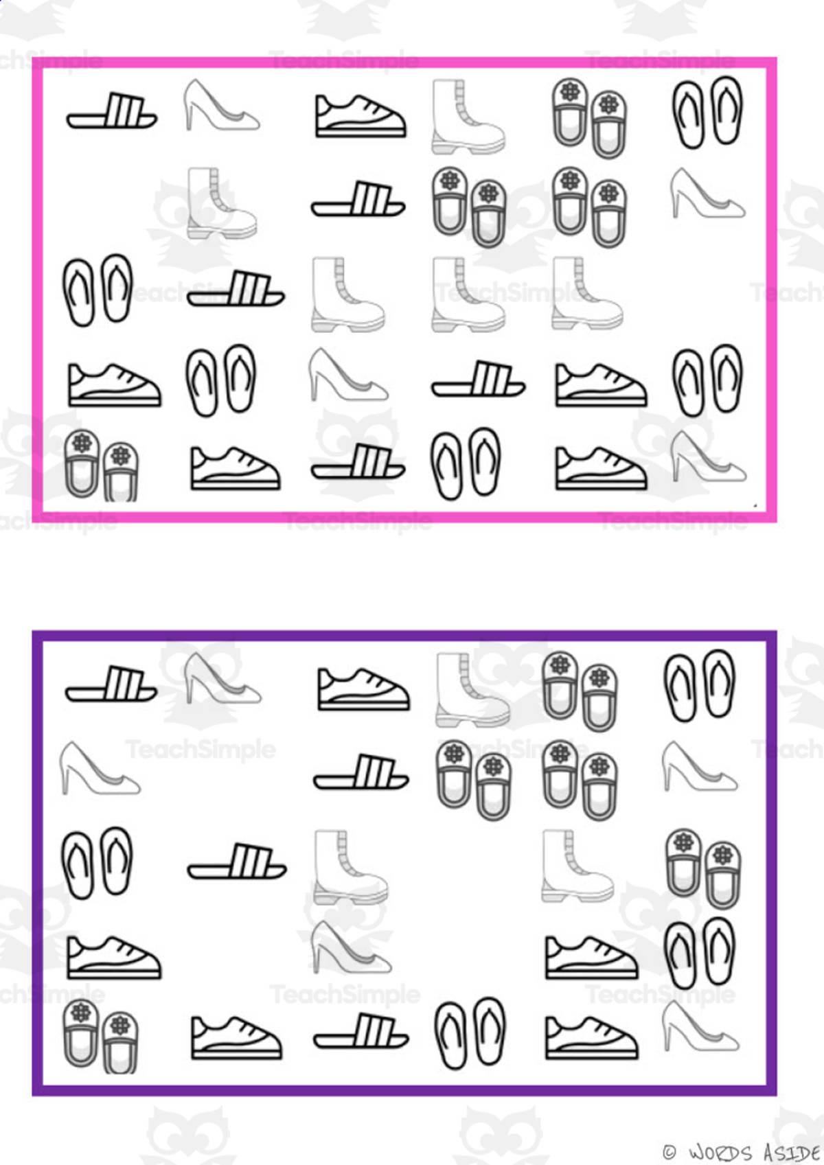 An educational teaching resource from WORDS ASIDE entitled What is missing? Vocabulary Boards - BLACK AND WHITE SET 20 downloadable at Teach Simple.