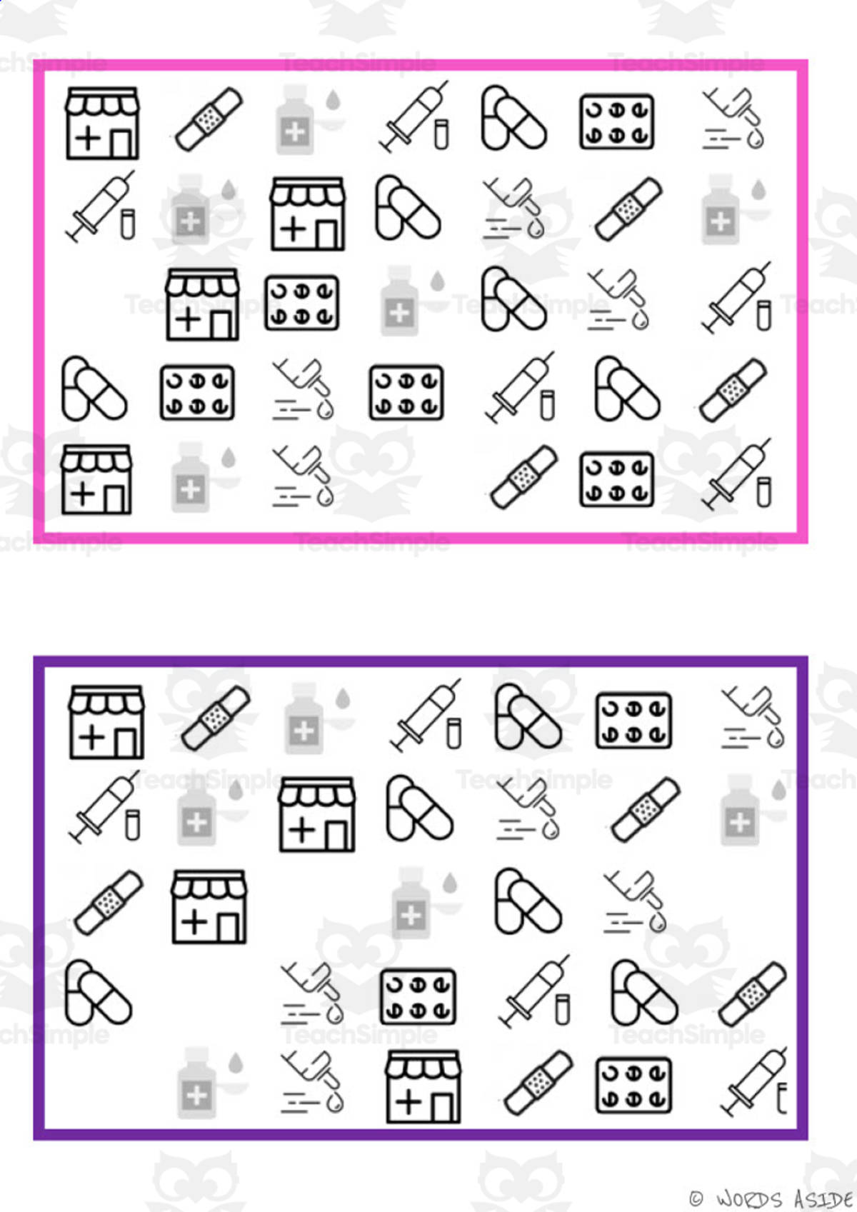 An educational teaching resource from WORDS ASIDE entitled What is missing? Vocabulary Boards - BLACK AND WHITE SET 22 downloadable at Teach Simple.