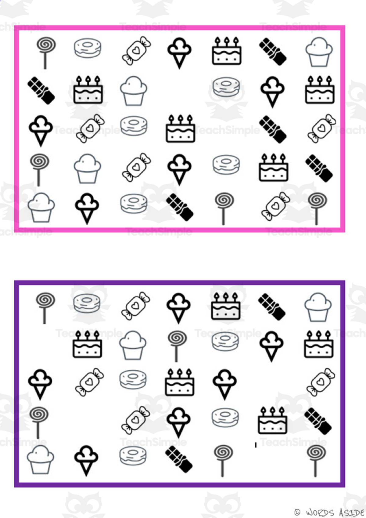 An educational teaching resource from WORDS ASIDE entitled What is missing? Vocabulary Boards - BLACK AND WHITE SET 3 downloadable at Teach Simple.