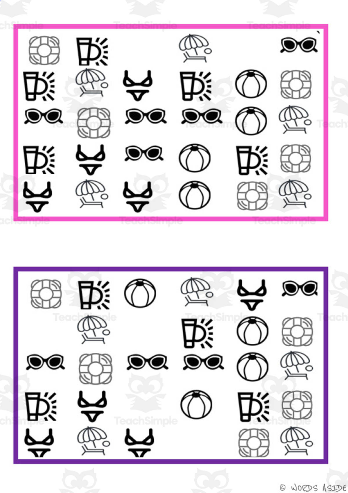 An educational teaching resource from WORDS ASIDE entitled What is missing? Vocabulary Boards - BLACK AND WHITE SET 32 downloadable at Teach Simple.