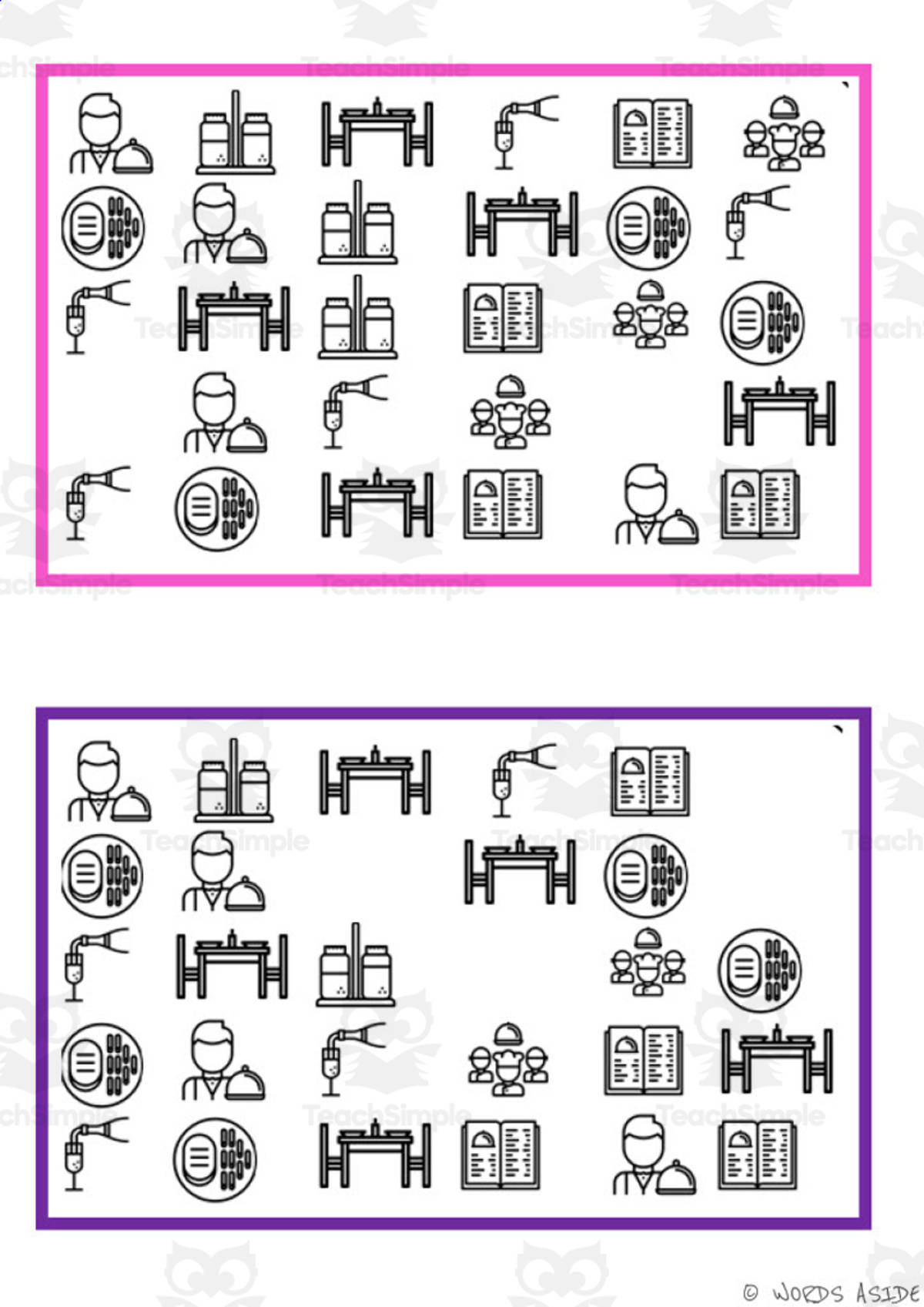 An educational teaching resource from WORDS ASIDE entitled What is missing? Vocabulary Boards - BLACK AND WHITE SET 35 downloadable at Teach Simple.