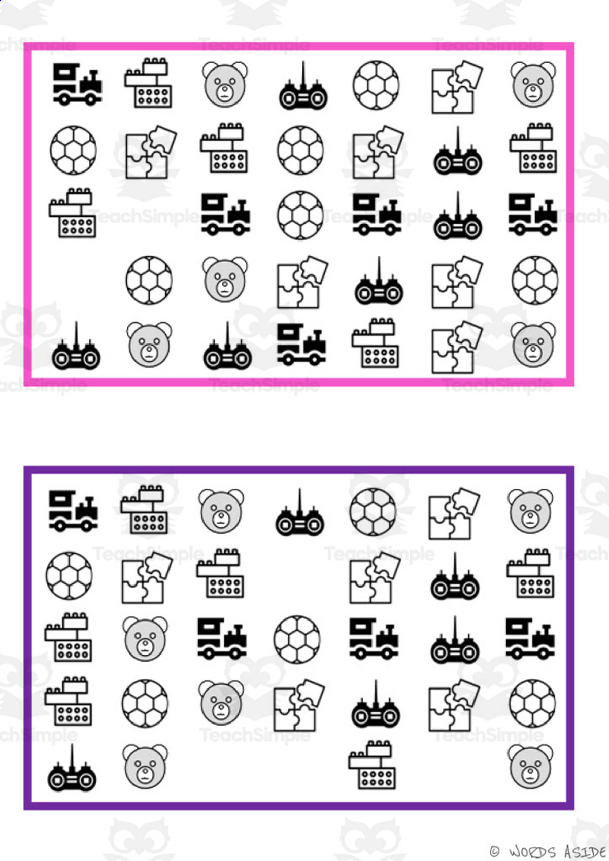 An educational teaching resource from WORDS ASIDE entitled What is missing? Vocabulary Boards - BLACK AND WHITE SET 6 downloadable at Teach Simple.