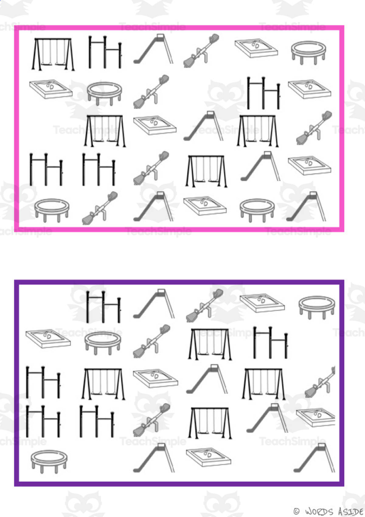 An educational teaching resource from WORDS ASIDE entitled What is missing? Vocabulary Boards - BLACK AND WHITE SET 7 downloadable at Teach Simple.