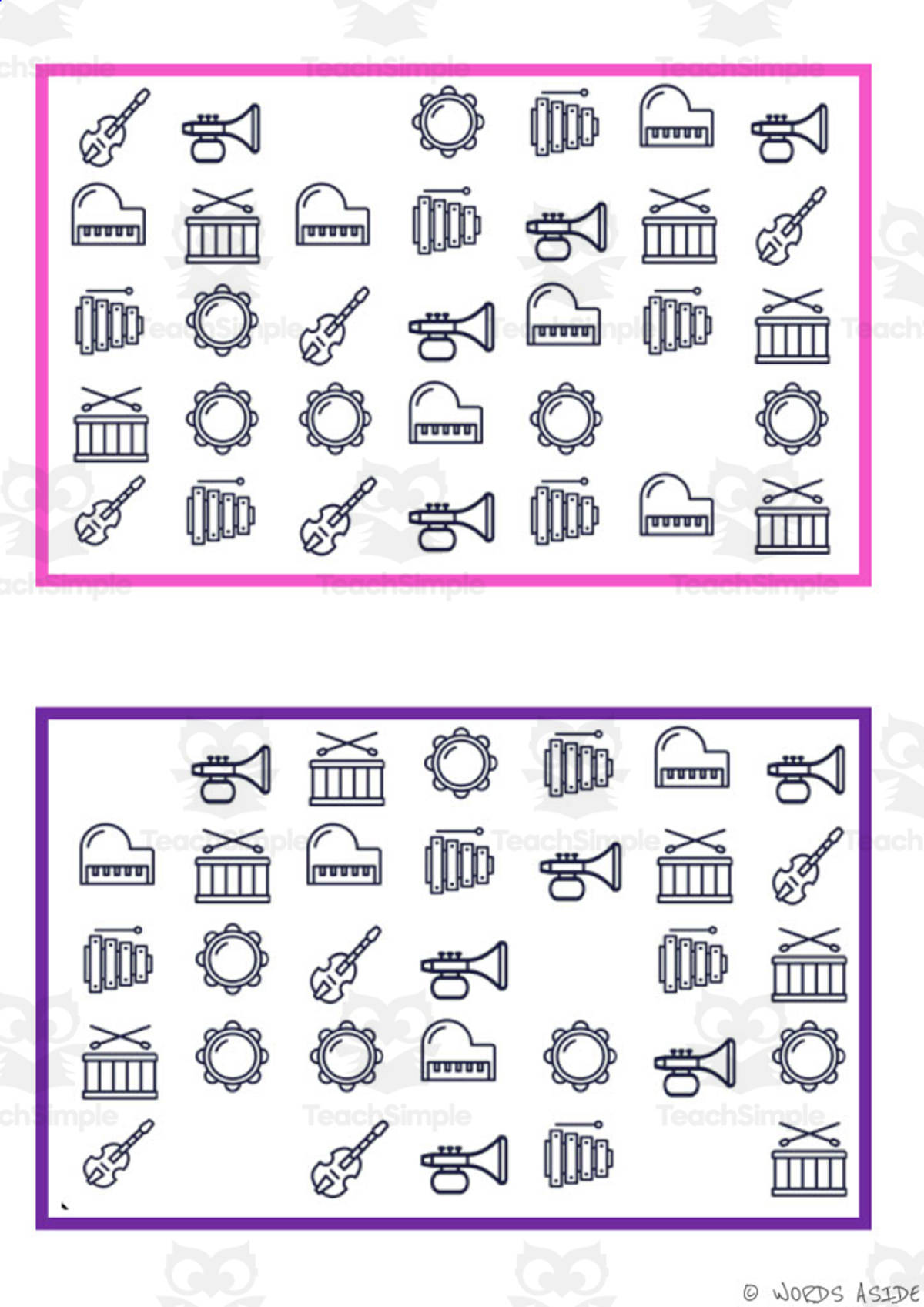 An educational teaching resource from WORDS ASIDE entitled What is missing? Vocabulary Boards - BLACK AND WHITE SET 8 downloadable at Teach Simple.