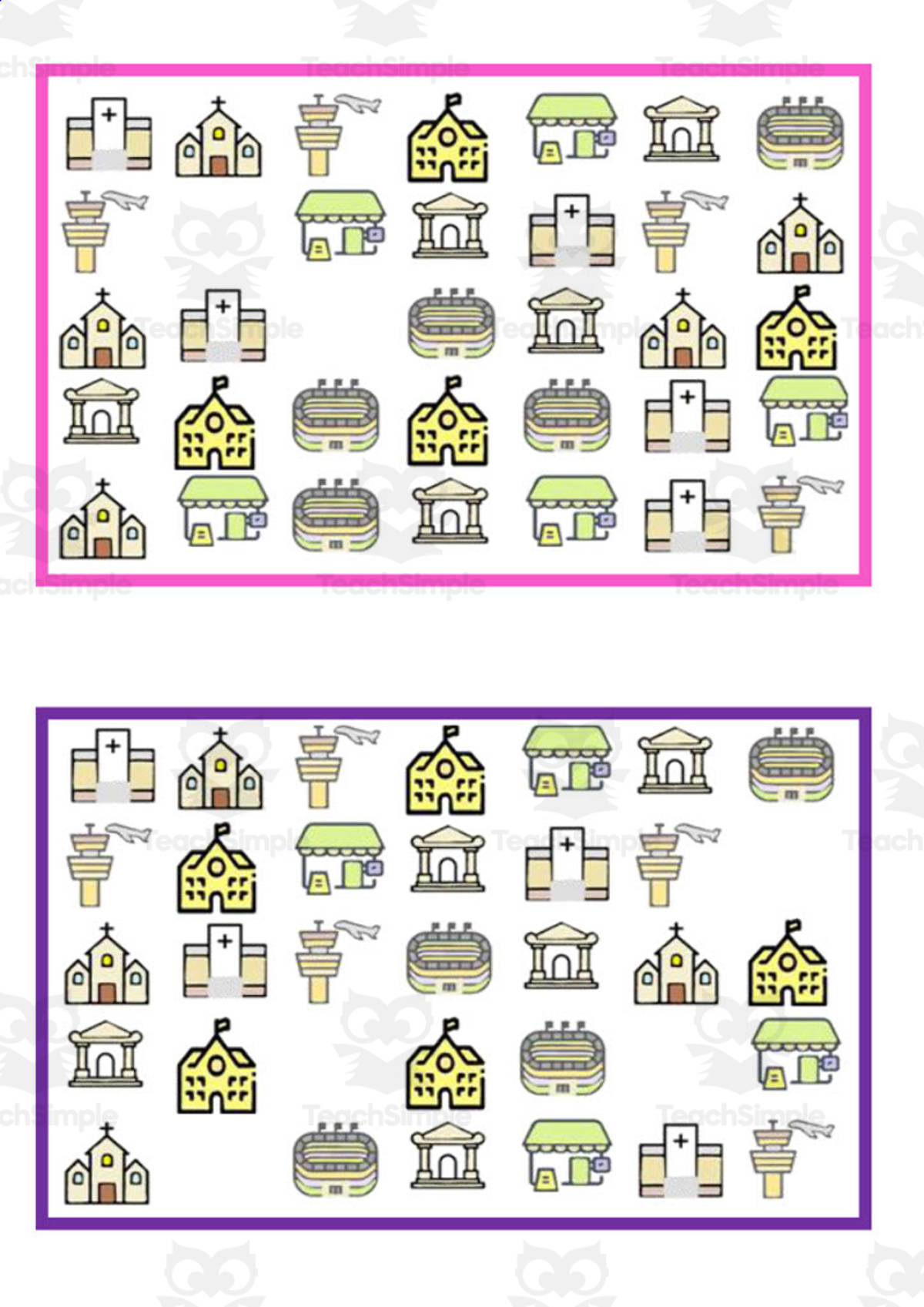 An educational teaching resource from WORDS ASIDE entitled What is missing? Vocabulary Boards - COLOR SET 28 downloadable at Teach Simple.