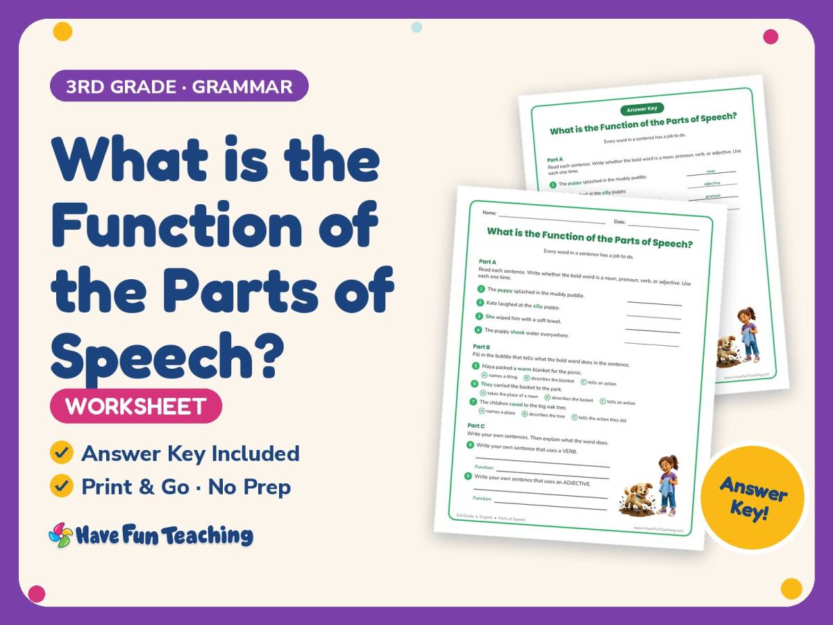 What is the Function of the Parts of Speech? Worksheet – 3rd Grade preview