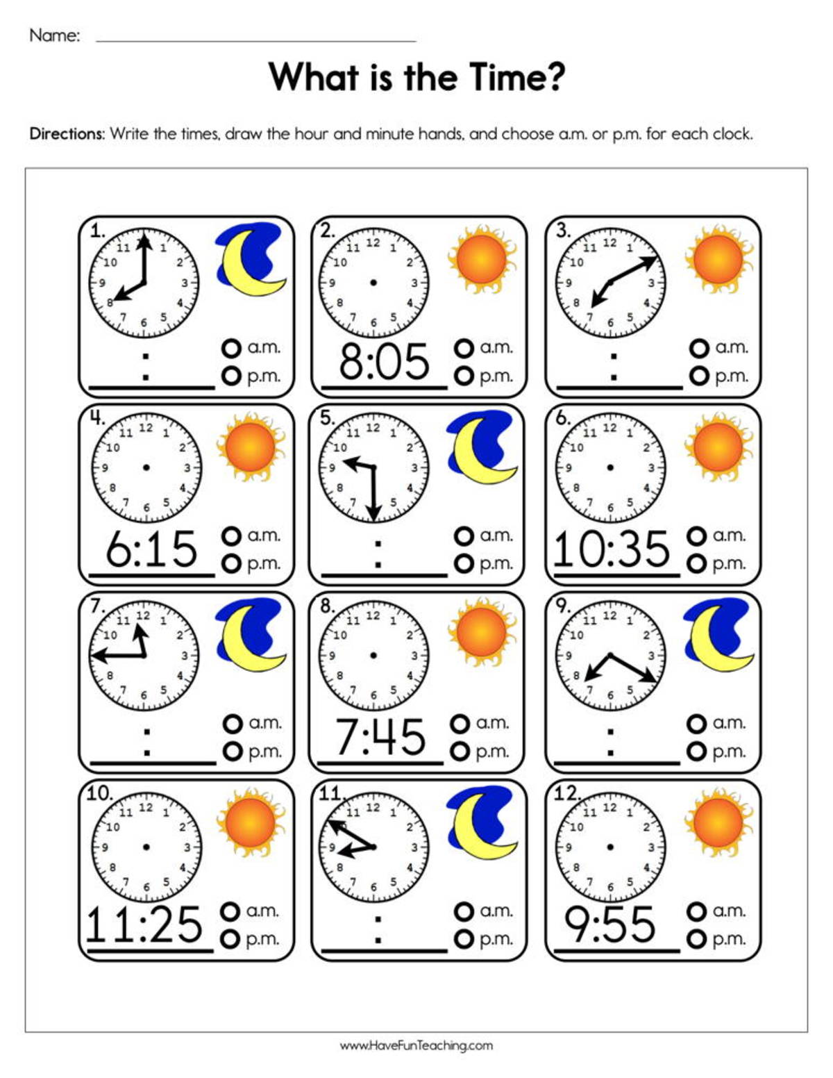 An educational teaching resource from Have Fun Teaching entitled What Is The Time Worksheet downloadable at Teach Simple.