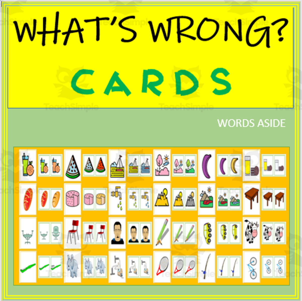 An educational teaching resource from WORDS ASIDE entitled WHAT IS WRONG? | LOOK, DESCRIBE, CONCLUDE CARDS downloadable at Teach Simple.