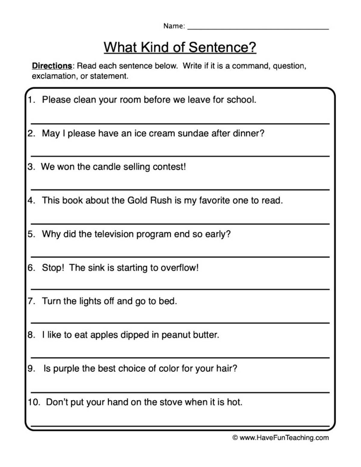 An educational teaching resource from Have Fun Teaching entitled What Kind of Sentence? Worksheet downloadable at Teach Simple.