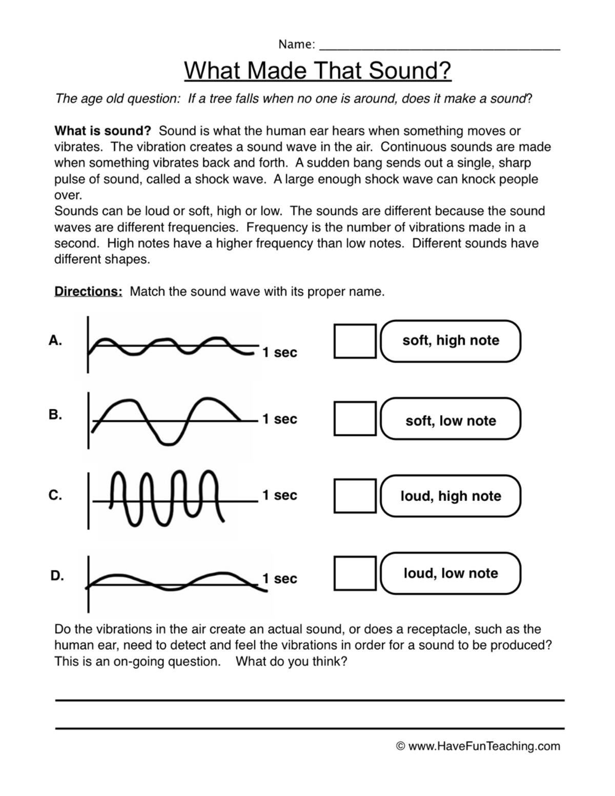 An educational teaching resource from Have Fun Teaching entitled What Made That Sound? Worksheet downloadable at Teach Simple.