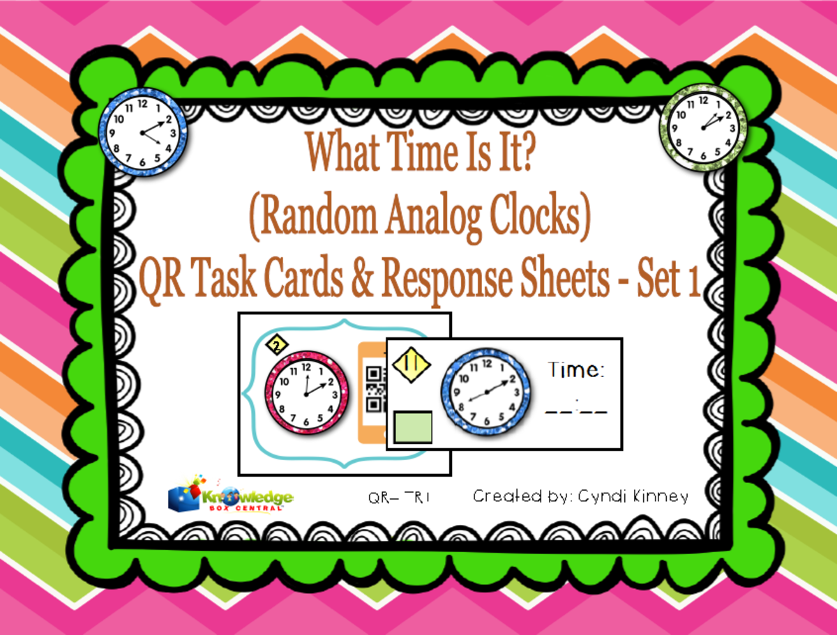 An educational teaching resource from Knowledge Box Central entitled What Time Is it? QR Task Cards & Response Sheets - Random Analog Clocks - Set 1 - EBOOK downloadable at Teach Simple.